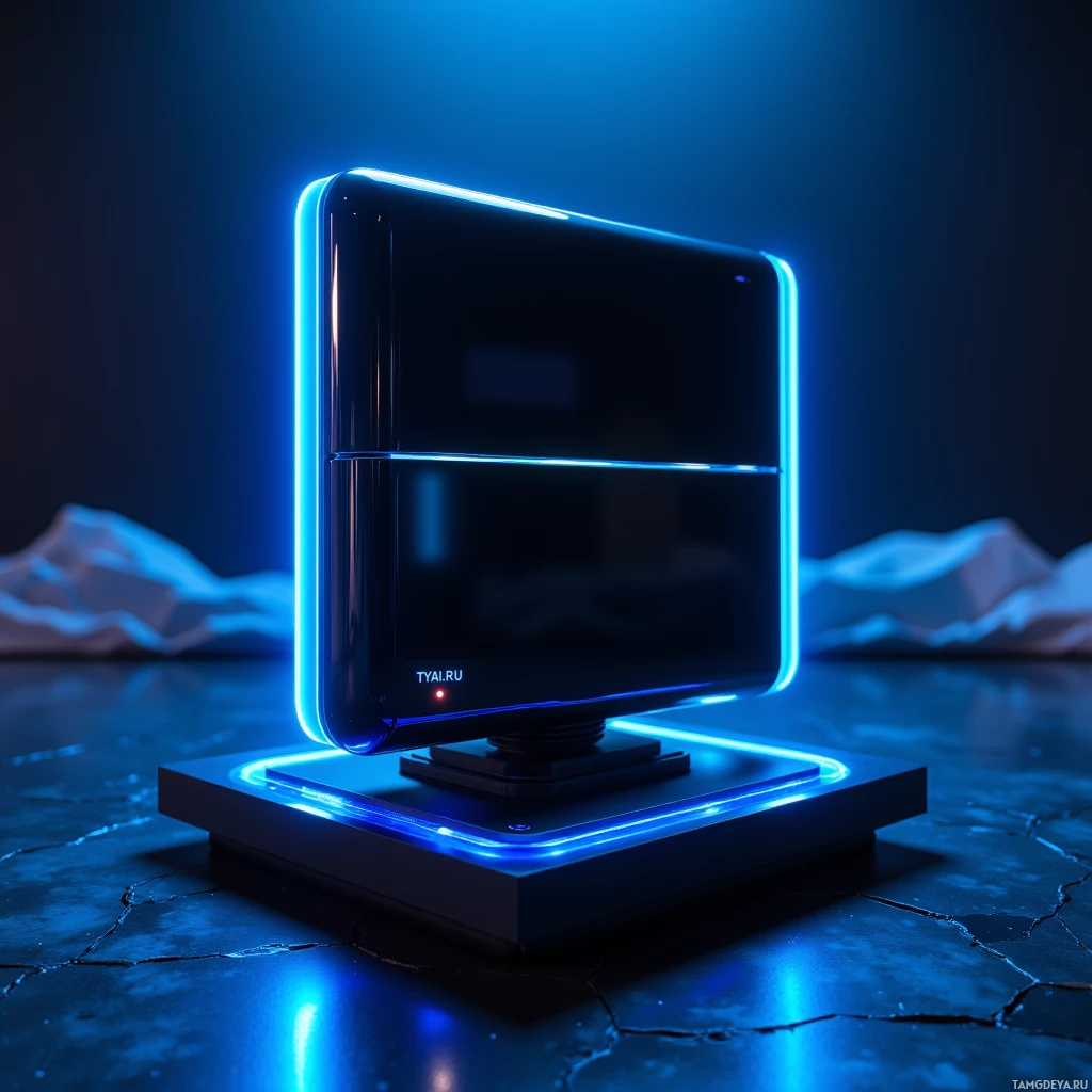 A futuristic, glowing blue cube device with a sleek design and a red indicator light.