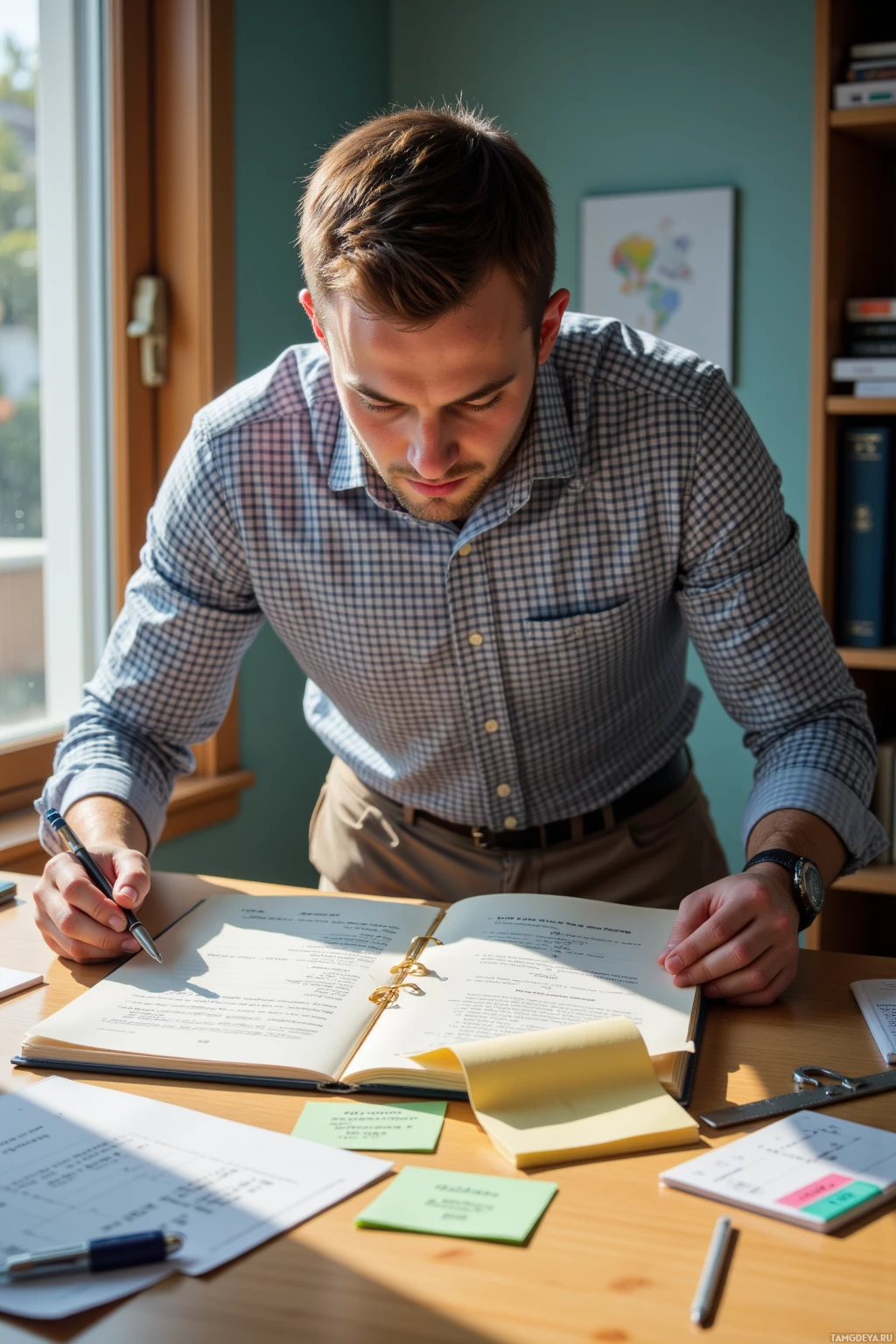 A person is working at a desk with an open book and writing in it.