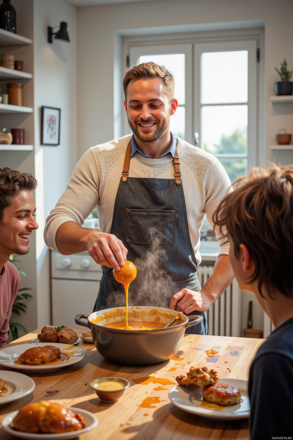 A man in an apron pours a steaming sauce over food on a table as two others watch.