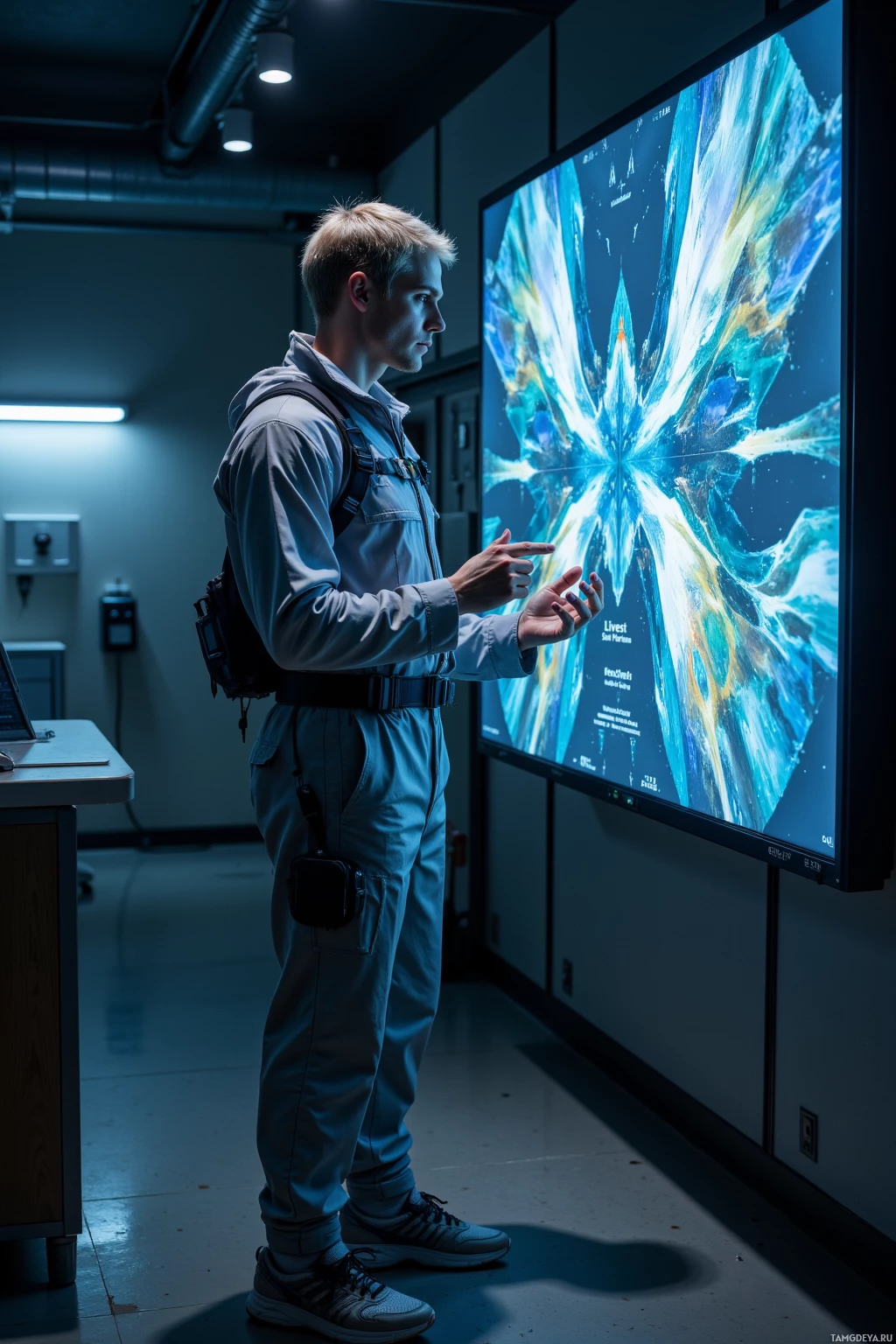 A person in a uniform stands in a room, pointing at a large screen displaying a colorful, abstract image.
