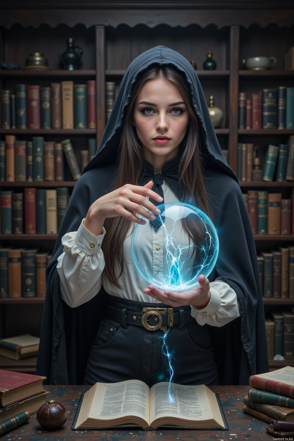A person in a hooded cloak holds a glowing orb with lightning effects above an open book on a desk surrounded by books and other items.