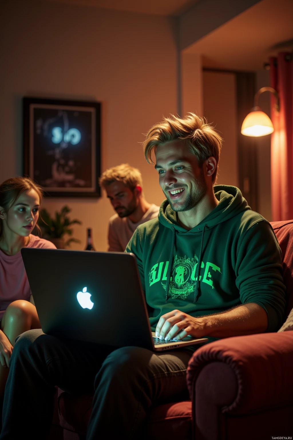 Three people sitting on a couch in a dimly lit room, one using an Apple laptop while smiling.