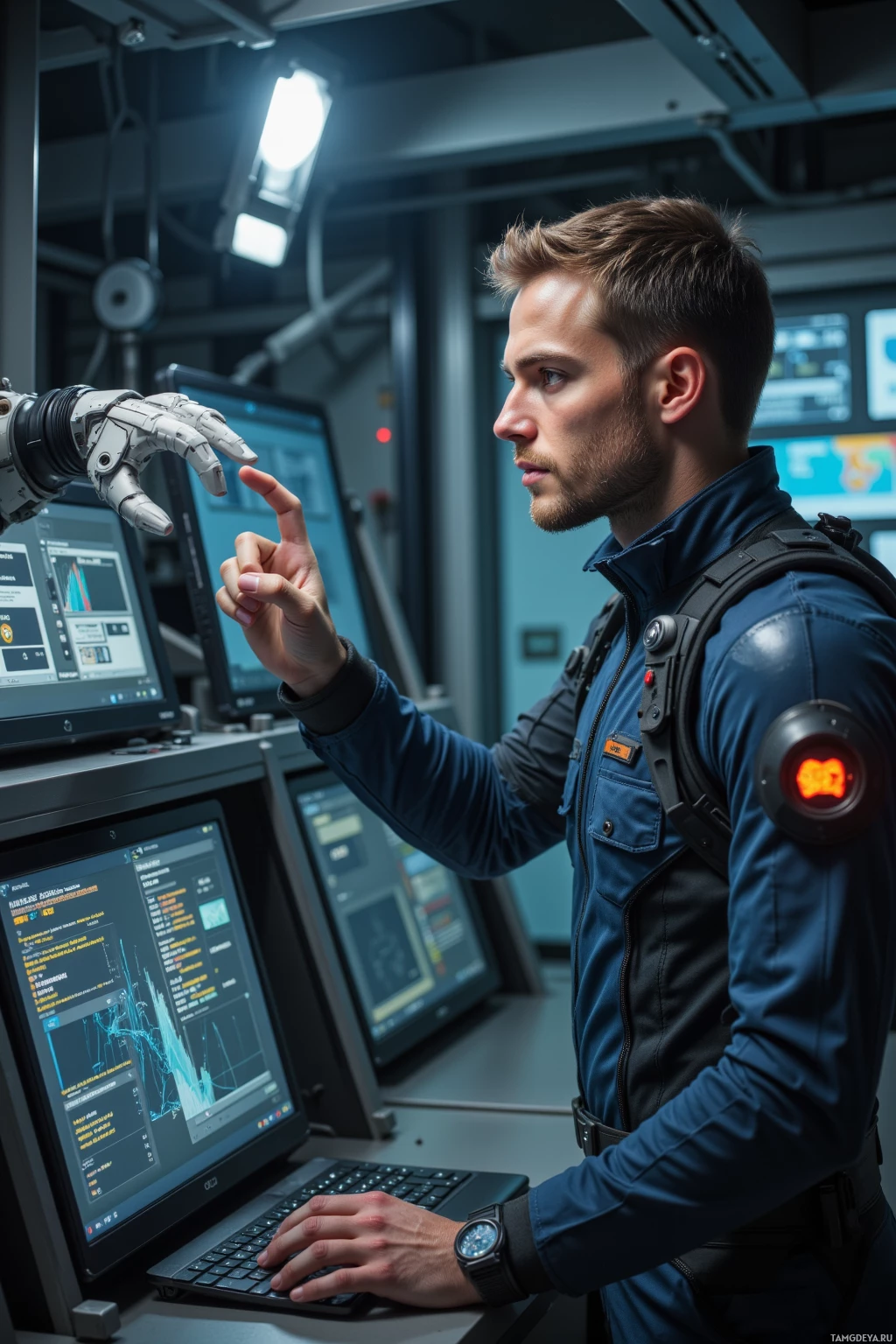 A person in a futuristic uniform interacts with a high-tech control panel in a dimly lit room.