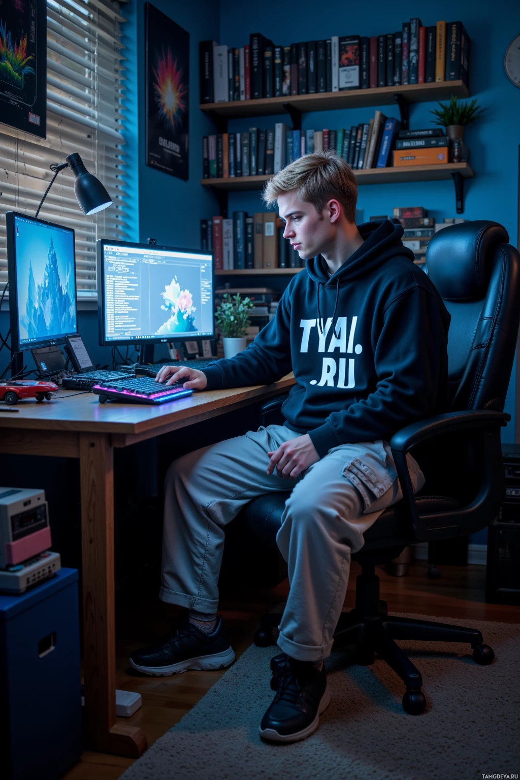 A person wearing a hoodie sits at a desk with two computer monitors in a room decorated with books and posters.