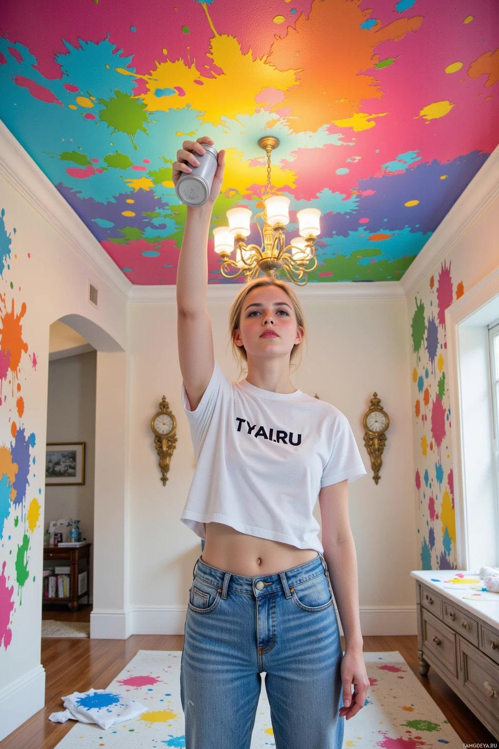 A person in a white t-shirt and jeans stands in a room with colorful paint splatters on the ceiling and walls.
