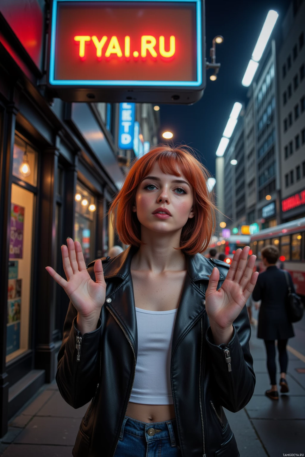 A person stands on a city street at night with hands raised in front of them, wearing a black leather jacket and jeans.