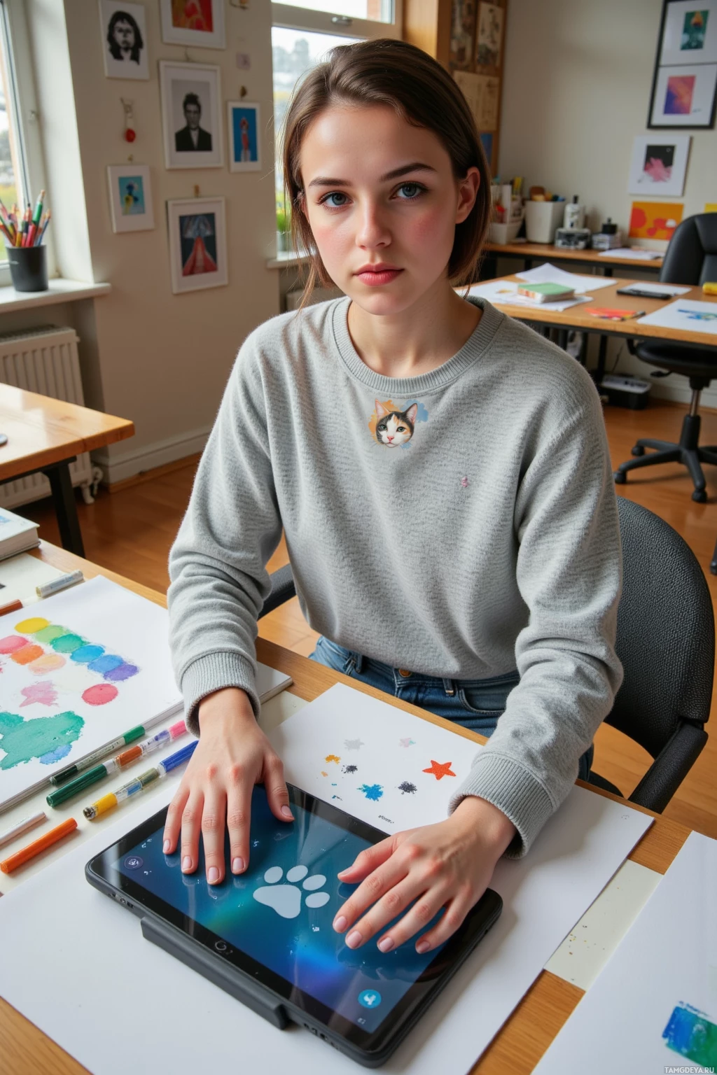 A person sits at a desk with a tablet and colorful markers, surrounded by framed pictures and art supplies.