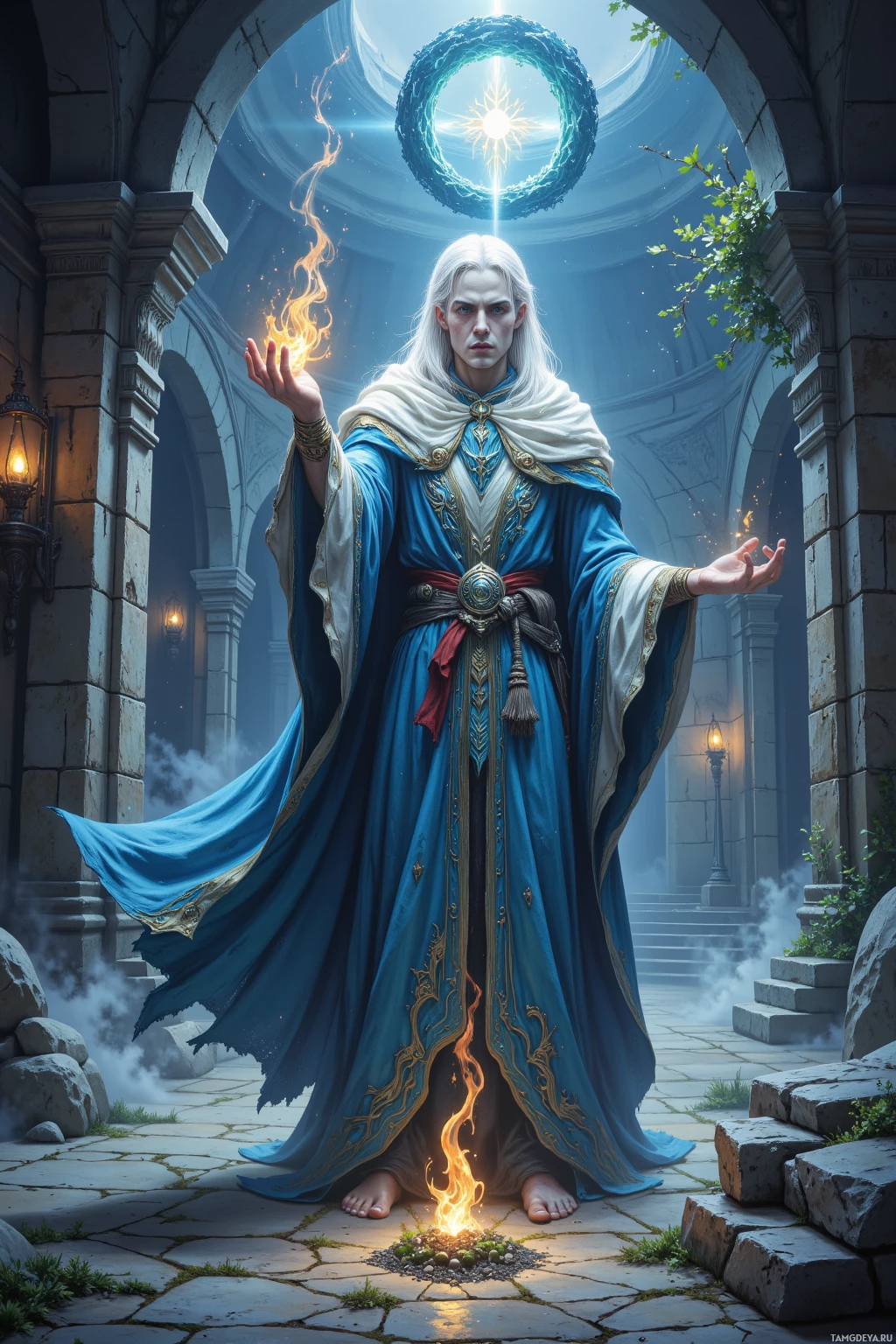 A wizard in ornate robes stands in a stone courtyard, holding a flame in one hand and casting a spell.