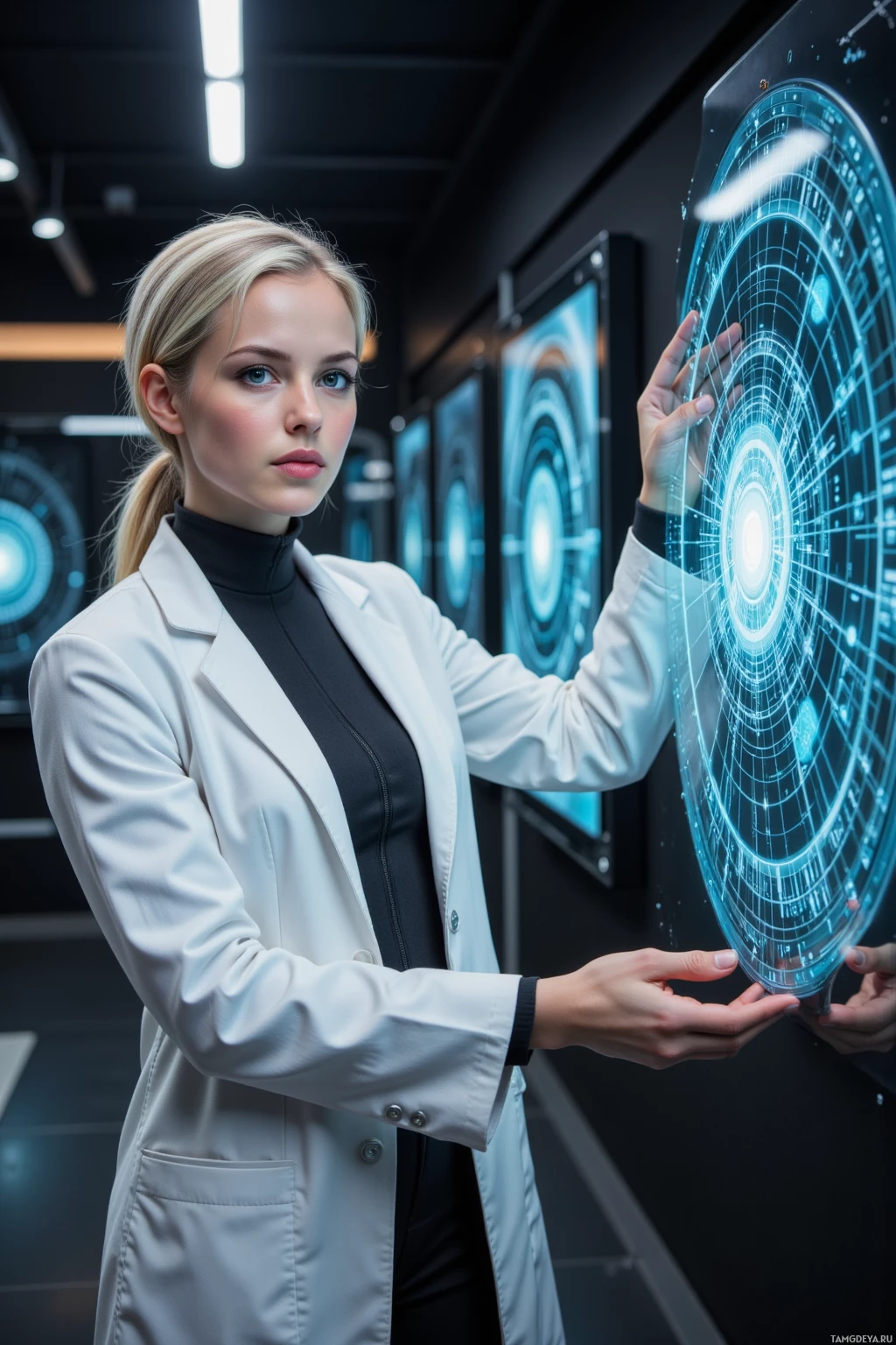 A person in a lab coat interacts with a futuristic circular interface in a high-tech environment.