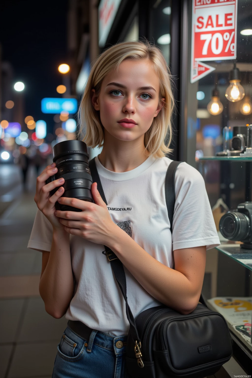 A person stands in a city street at night, holding a camera and wearing a white t-shirt and jeans.