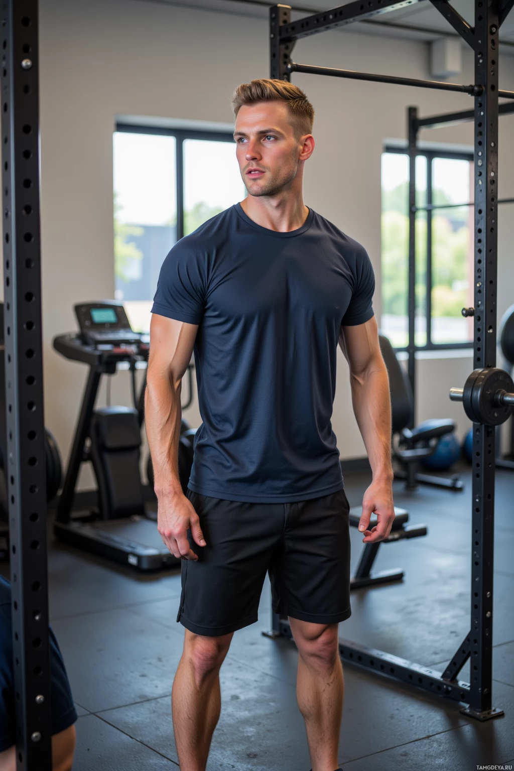 A man stands in a gym wearing a dark blue t-shirt and black shorts.