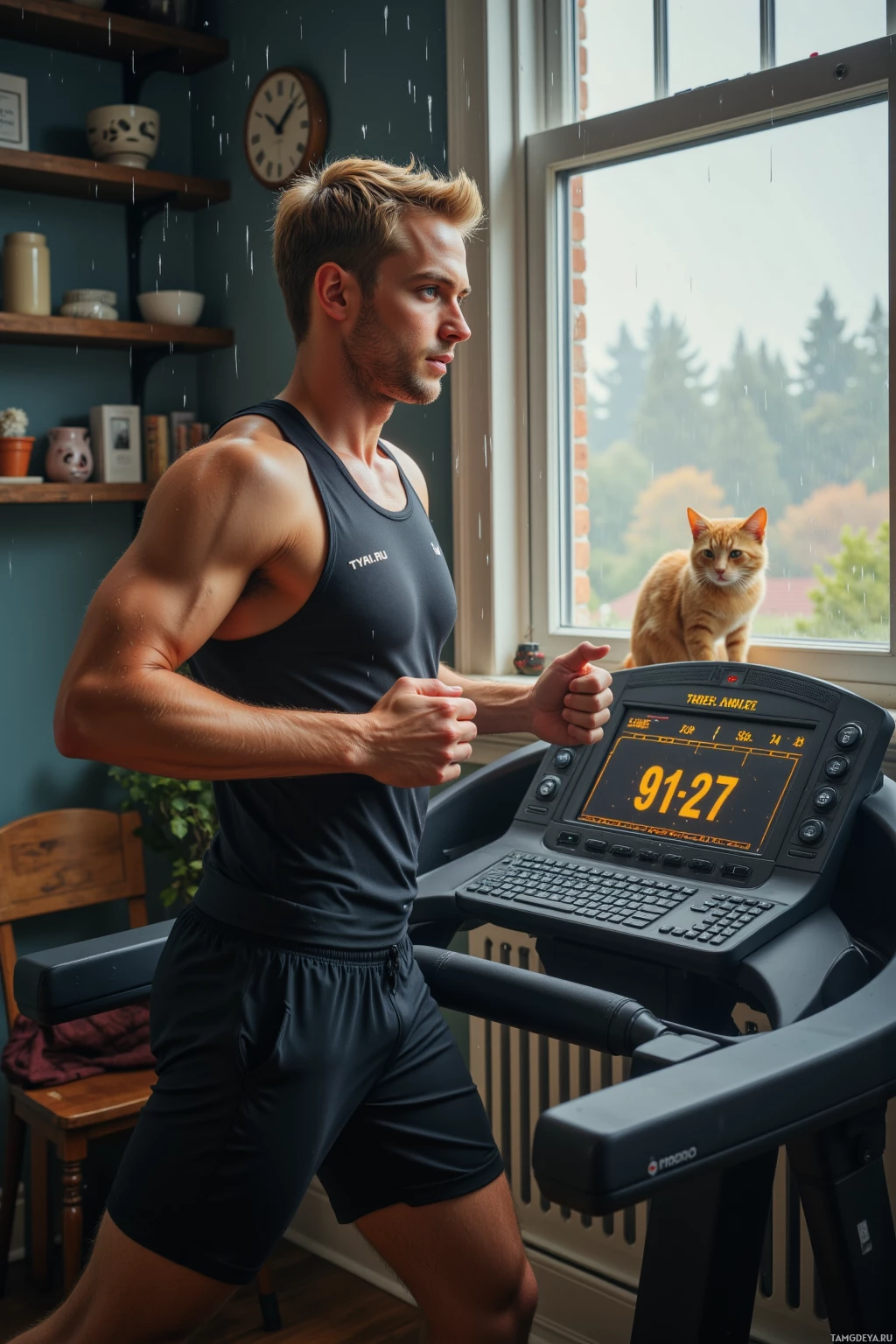 A man is running on a treadmill in front of a window with rain outside and an orange cat sitting by it.