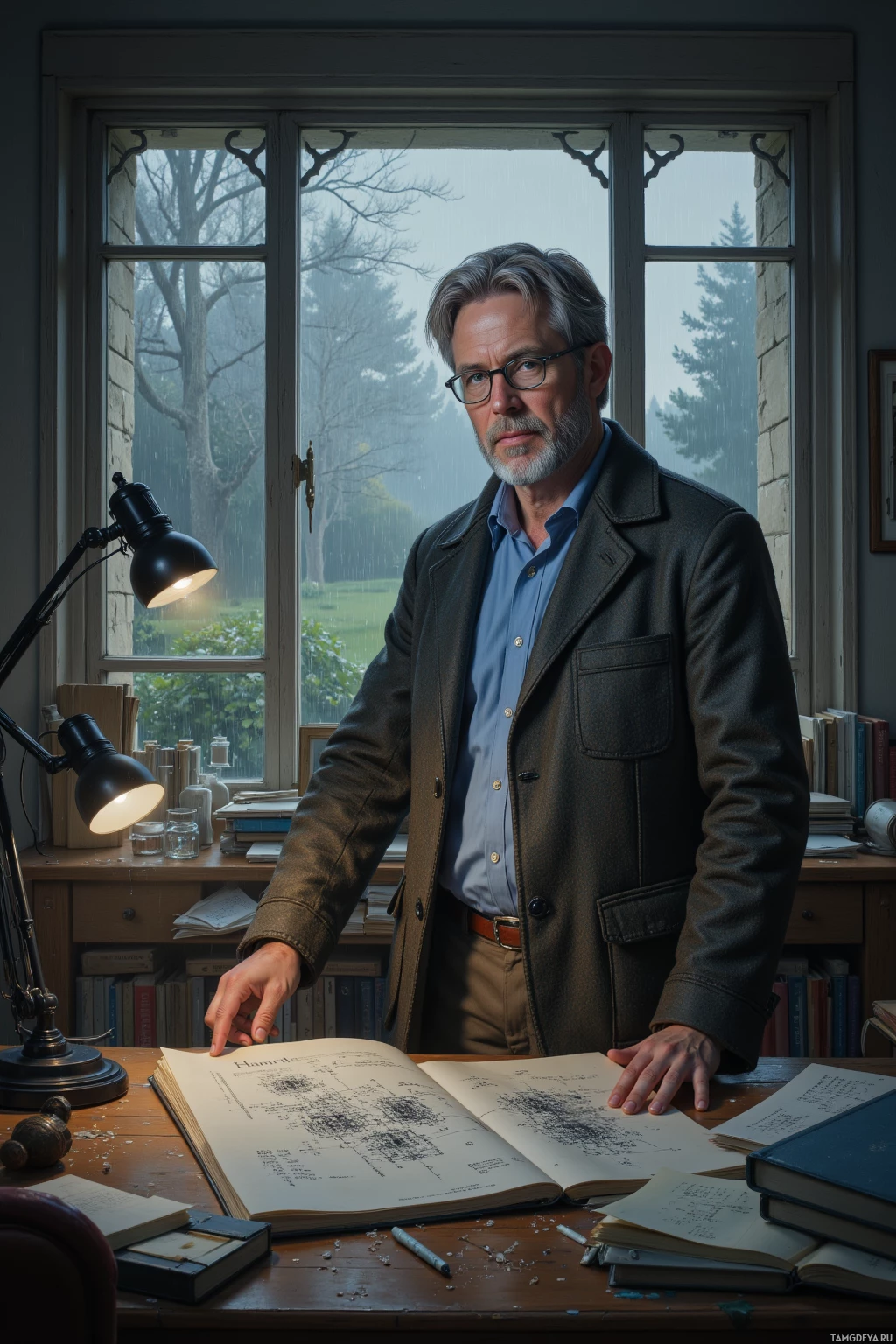 A man stands at a desk with an open book, surrounded by books and a lamp, with a rainy window view in the background.