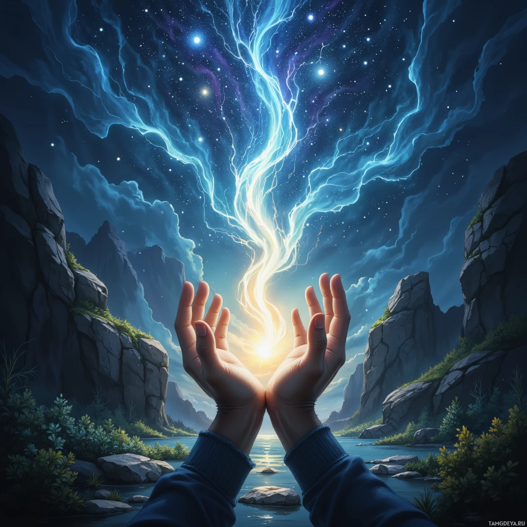 Two hands reach upward towards a glowing light in a night sky filled with stars and electric energy.