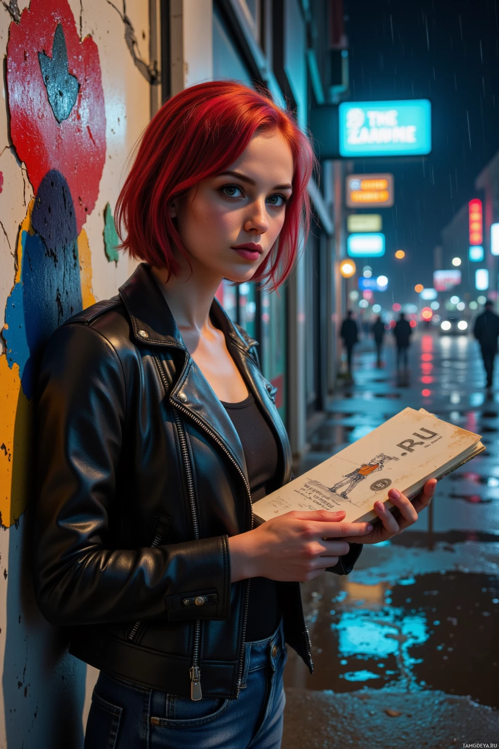 A person with red hair stands against a wall, holding a book, in a neon-lit urban setting.