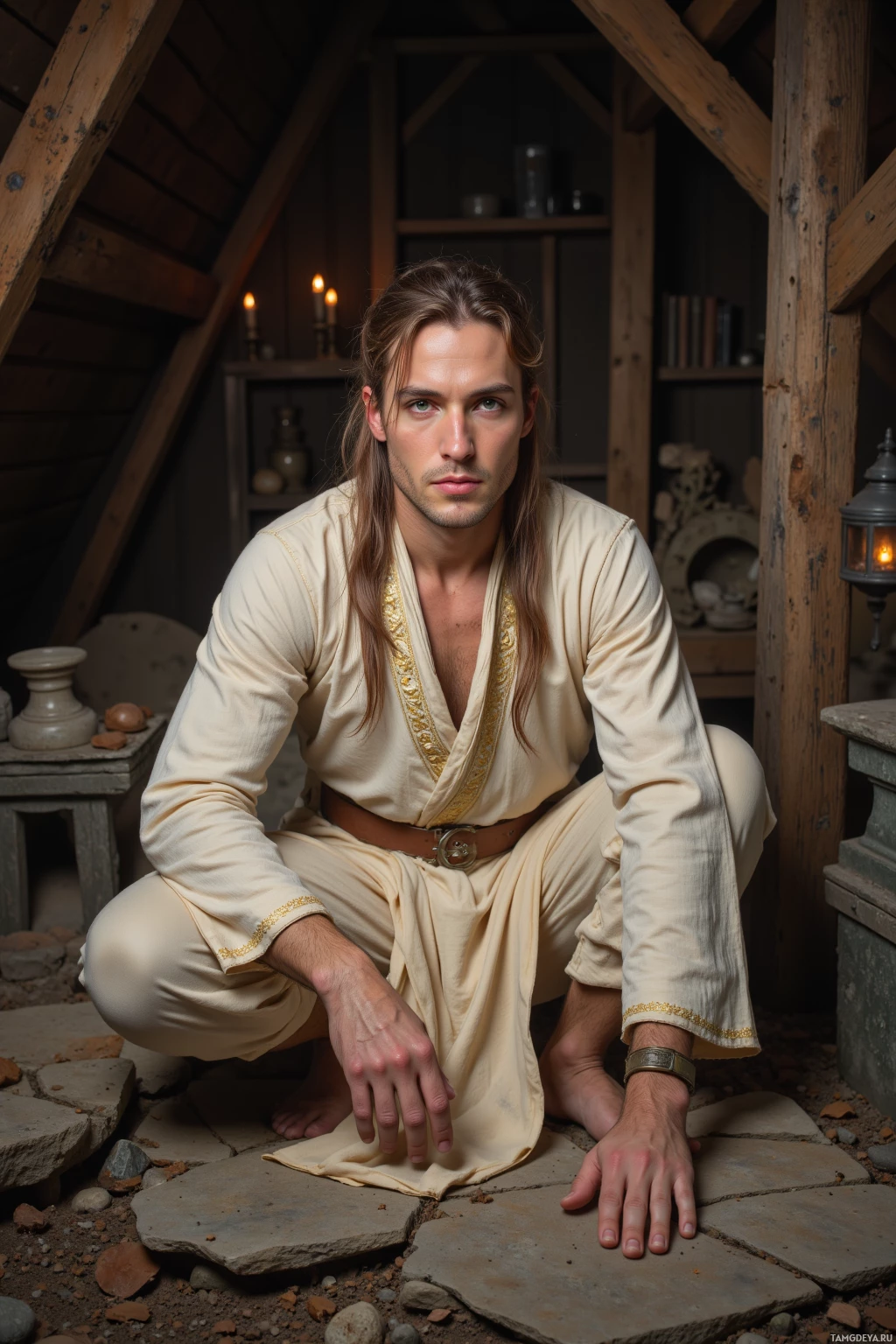 A person in traditional attire is crouching on stone flooring with wooden beams and shelves in the background.