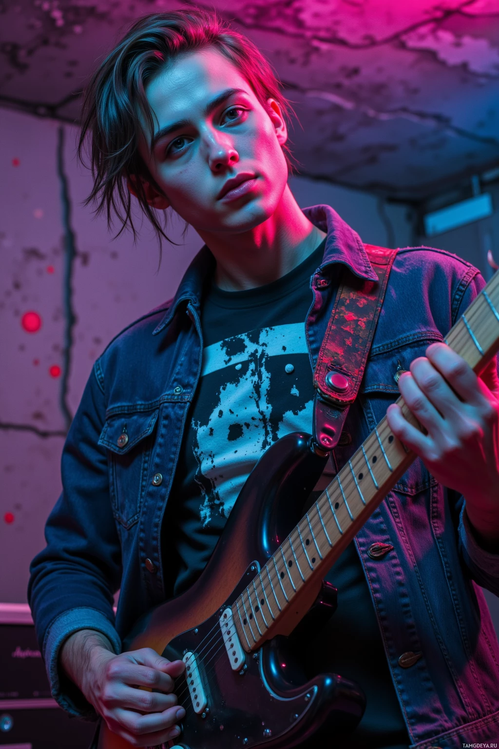A person wearing a denim jacket and a graphic t-shirt plays an electric guitar under neon lighting.