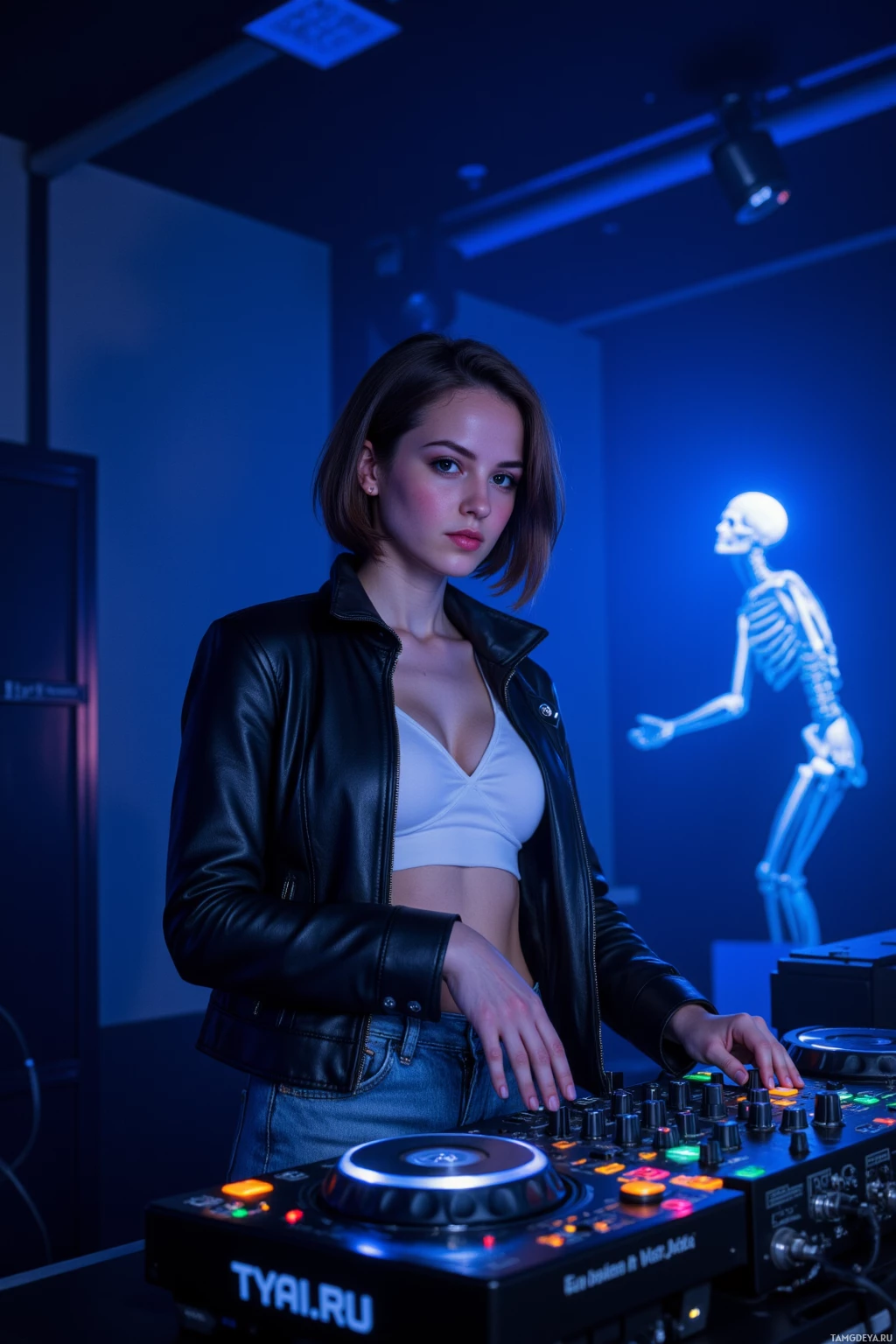 A person in a leather jacket stands behind a DJ mixer in a dimly lit room with blue lighting.
