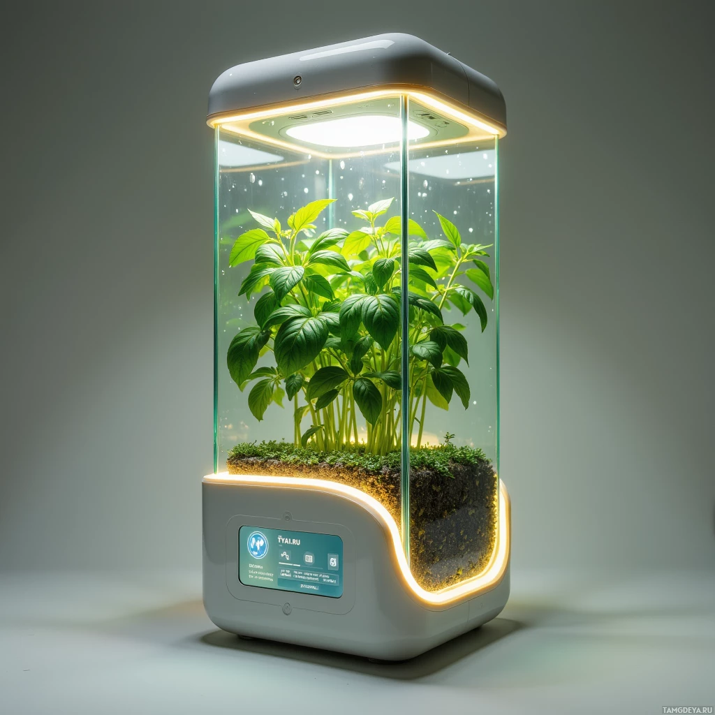 A modern indoor plant enclosure with illuminated lighting and a digital display.