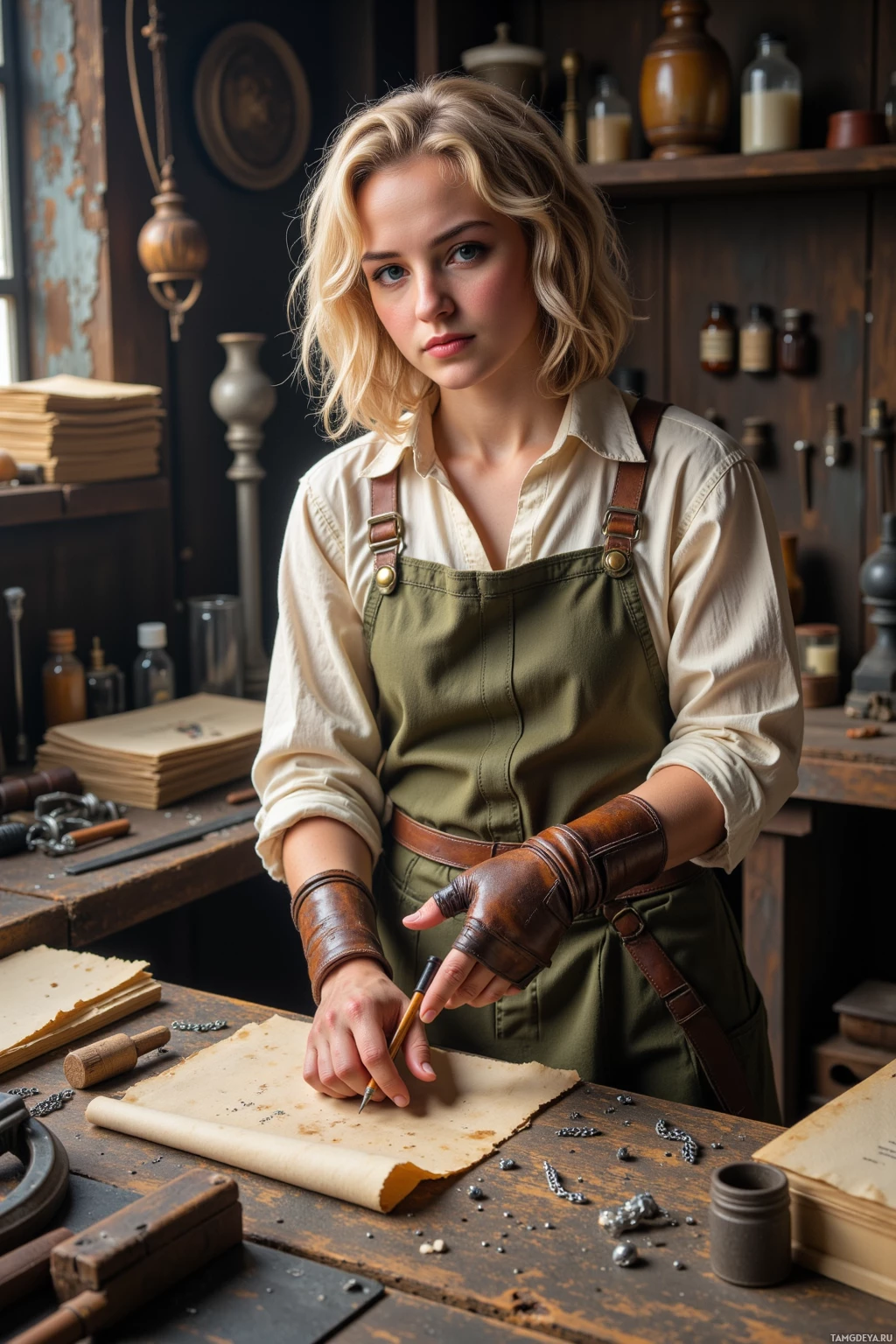 A woman in a workshop setting, wearing an apron and leather gloves, is writing on a piece of parchment.