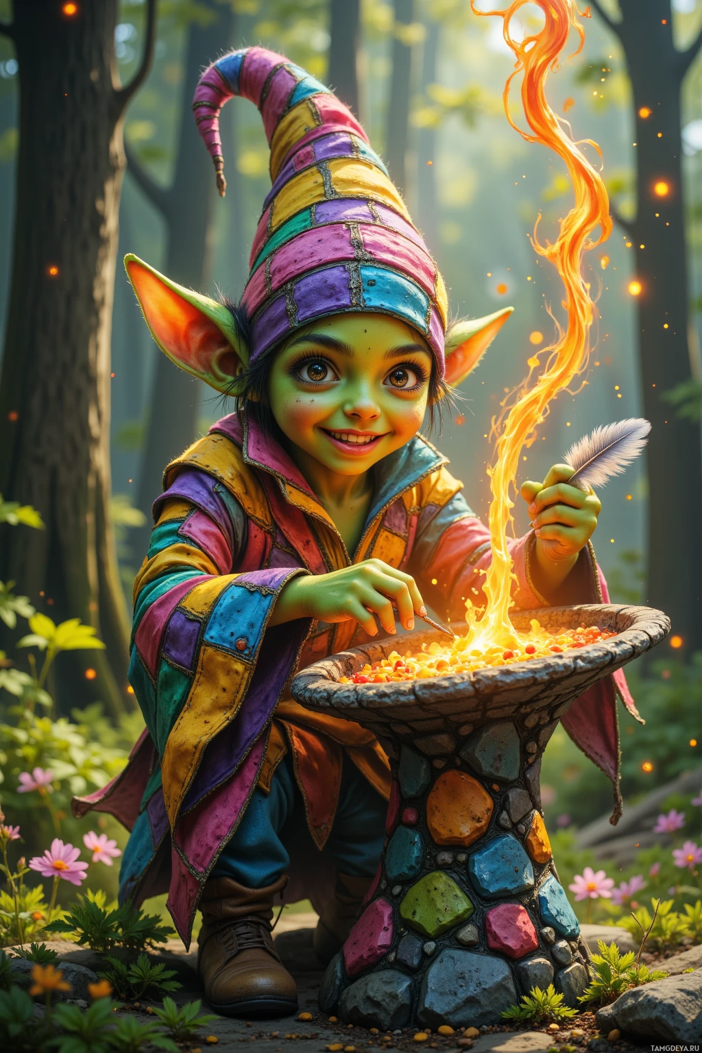 A whimsical character in a colorful outfit and pointed hat is stirring a pot of glowing orange liquid in a forest setting.