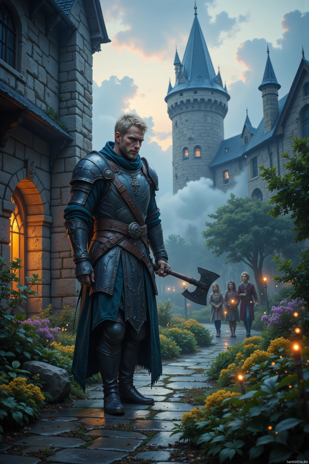 A knight in armor stands on a stone path near a castle, with three women walking in the background.