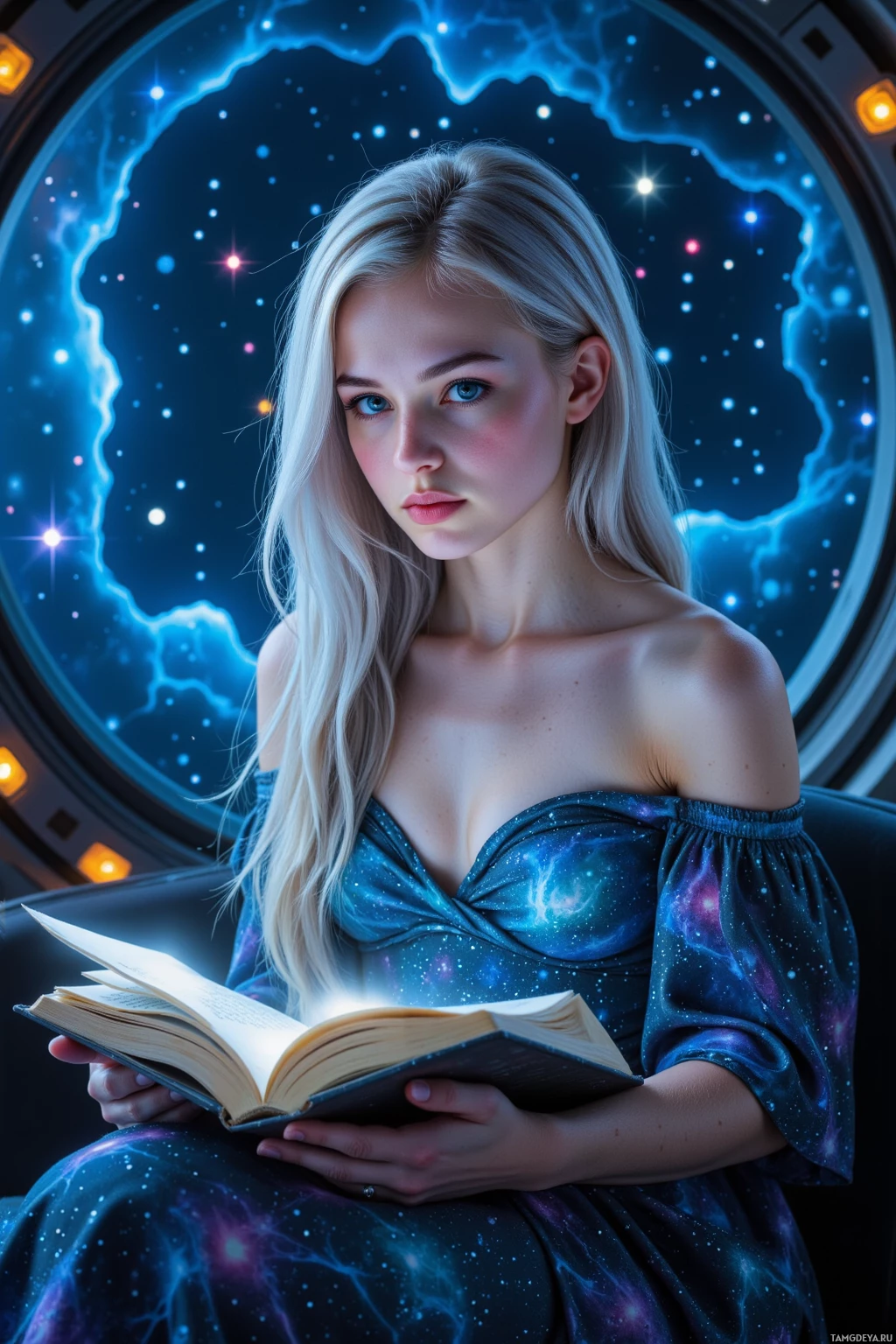 A person in a galaxy-themed dress is reading an open book with a cosmic background.