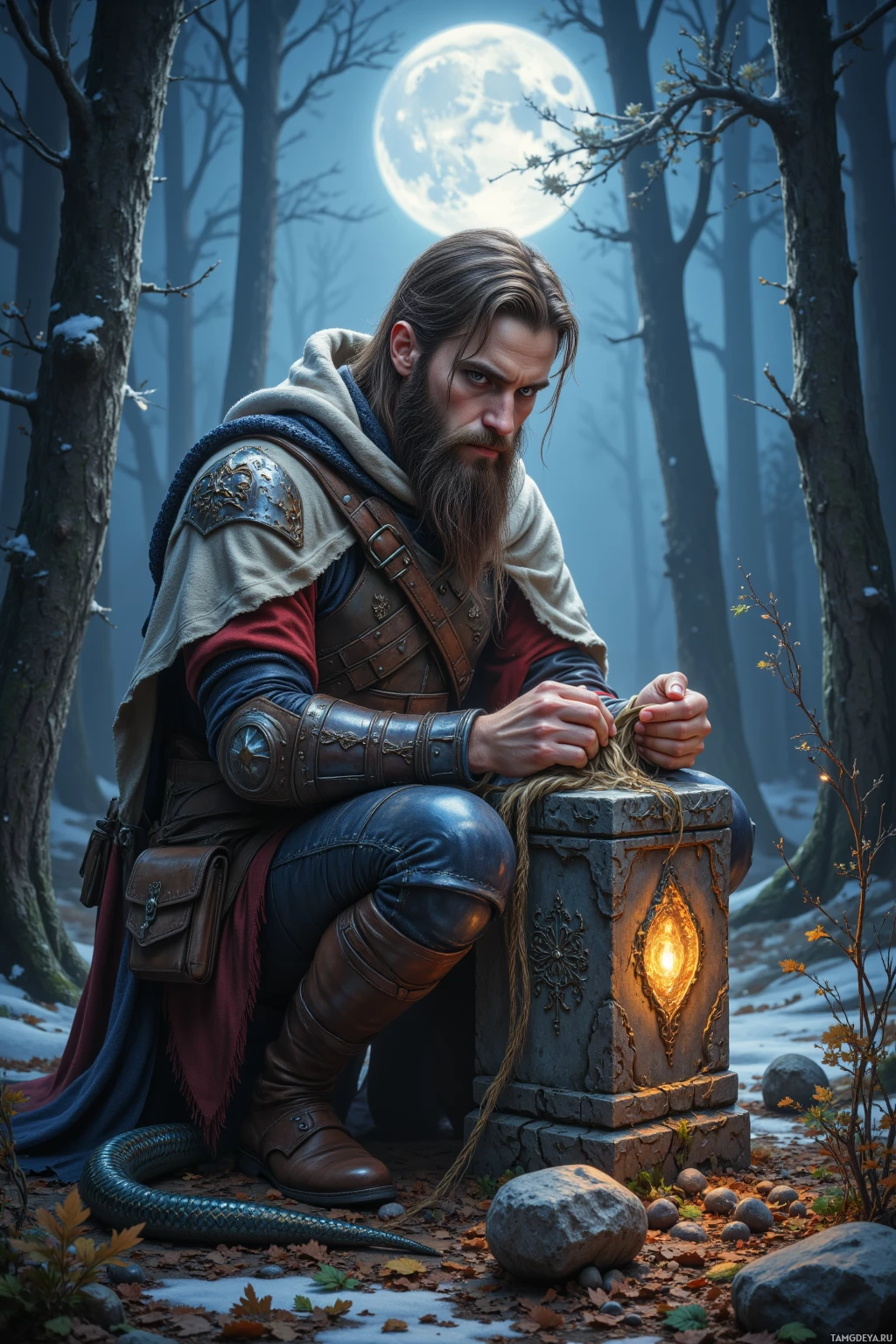 A man with a long beard and armor kneels beside a glowing stone in a misty forest.