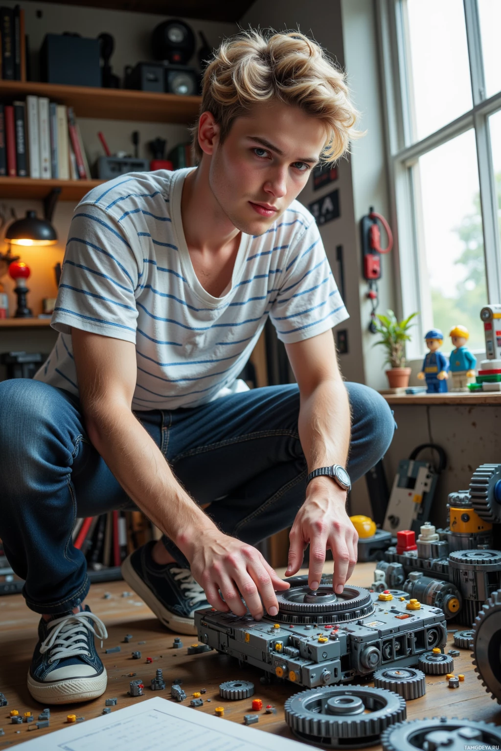 A person is assembling or working on a mechanical LEGO model in a well-lit room with various tools and books visible in the background.