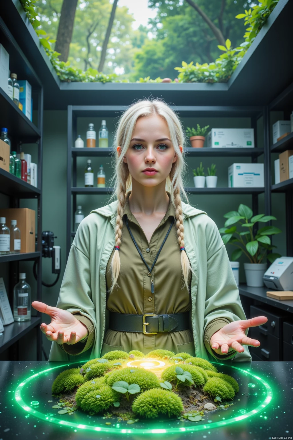 A person stands in front of shelves with bottles and plants, gesturing towards a glowing green circular platform with moss-like growths on it.