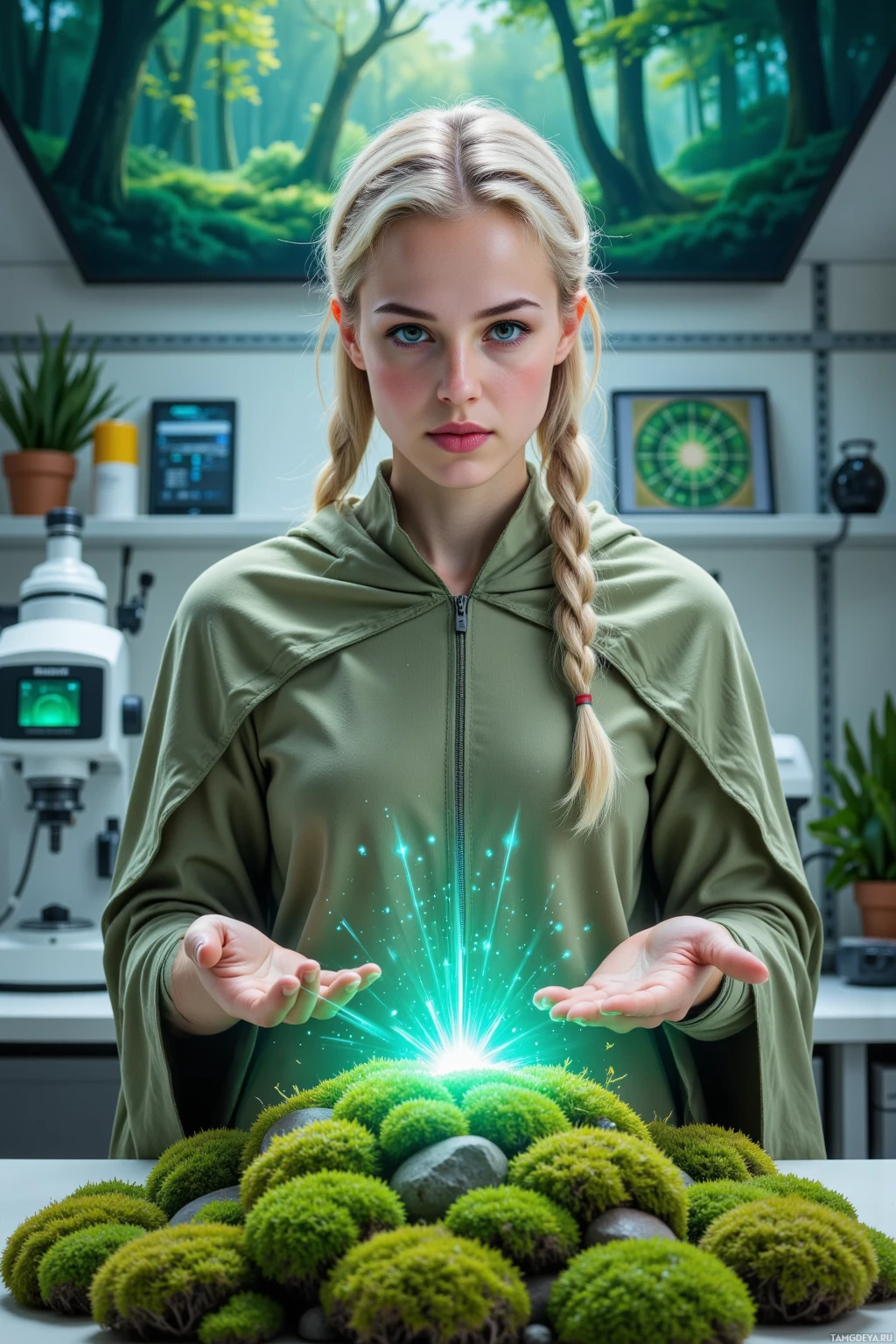 A person in a green hoodie stands in a laboratory setting, holding out their hands over a glowing green orb surrounded by moss-covered rocks.