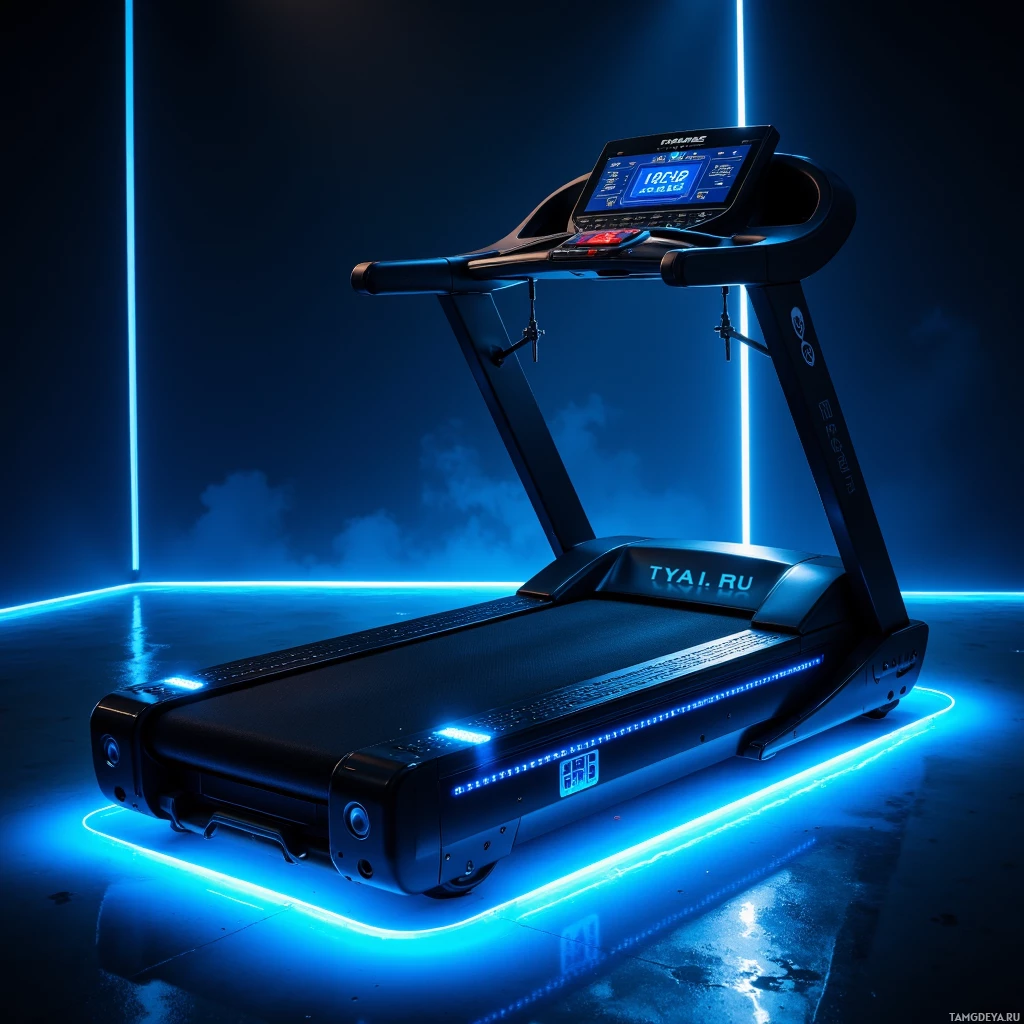 A modern treadmill with a digital display and illuminated blue lights in a dark setting.