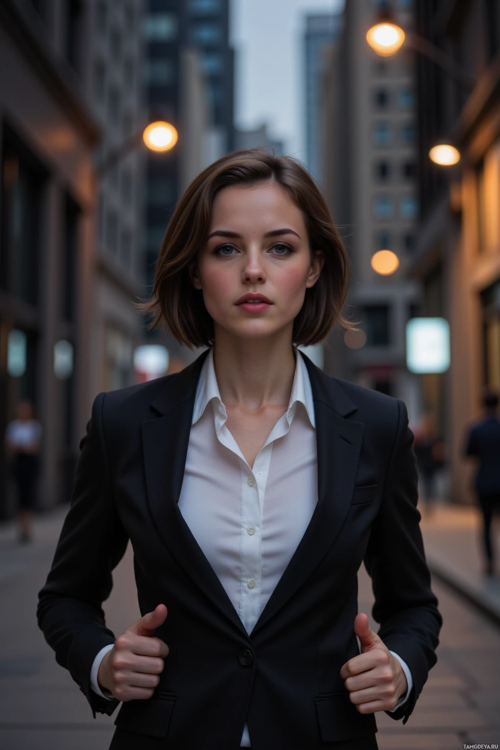 A person in a black suit jacket and white shirt stands in an urban setting with tall buildings and streetlights.