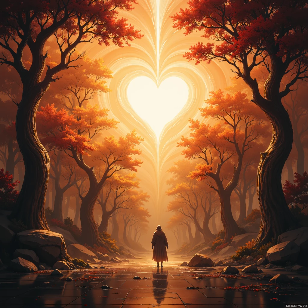 A person stands at the center of a heart-shaped forest path, surrounded by autumnal trees and glowing light.