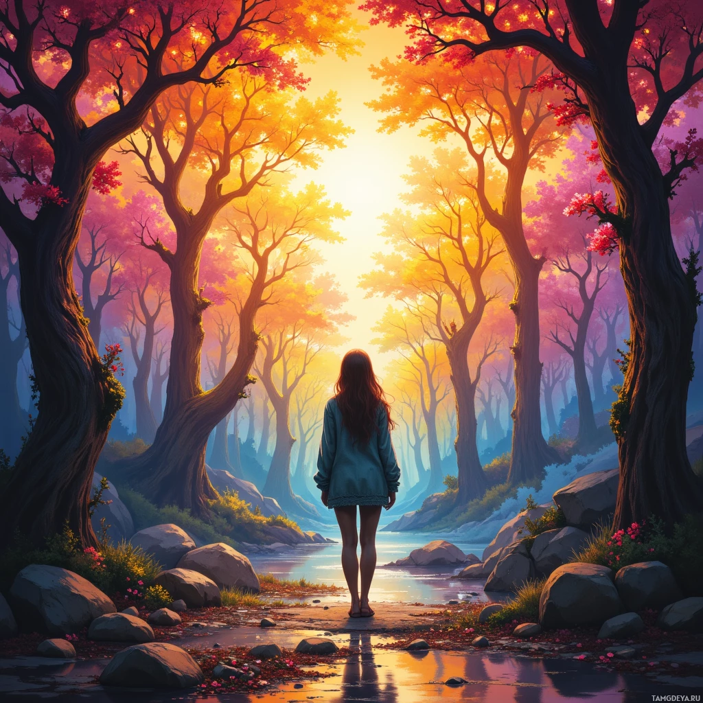 A person stands barefoot on a rocky riverbank, surrounded by vibrant autumn trees with colorful foliage.