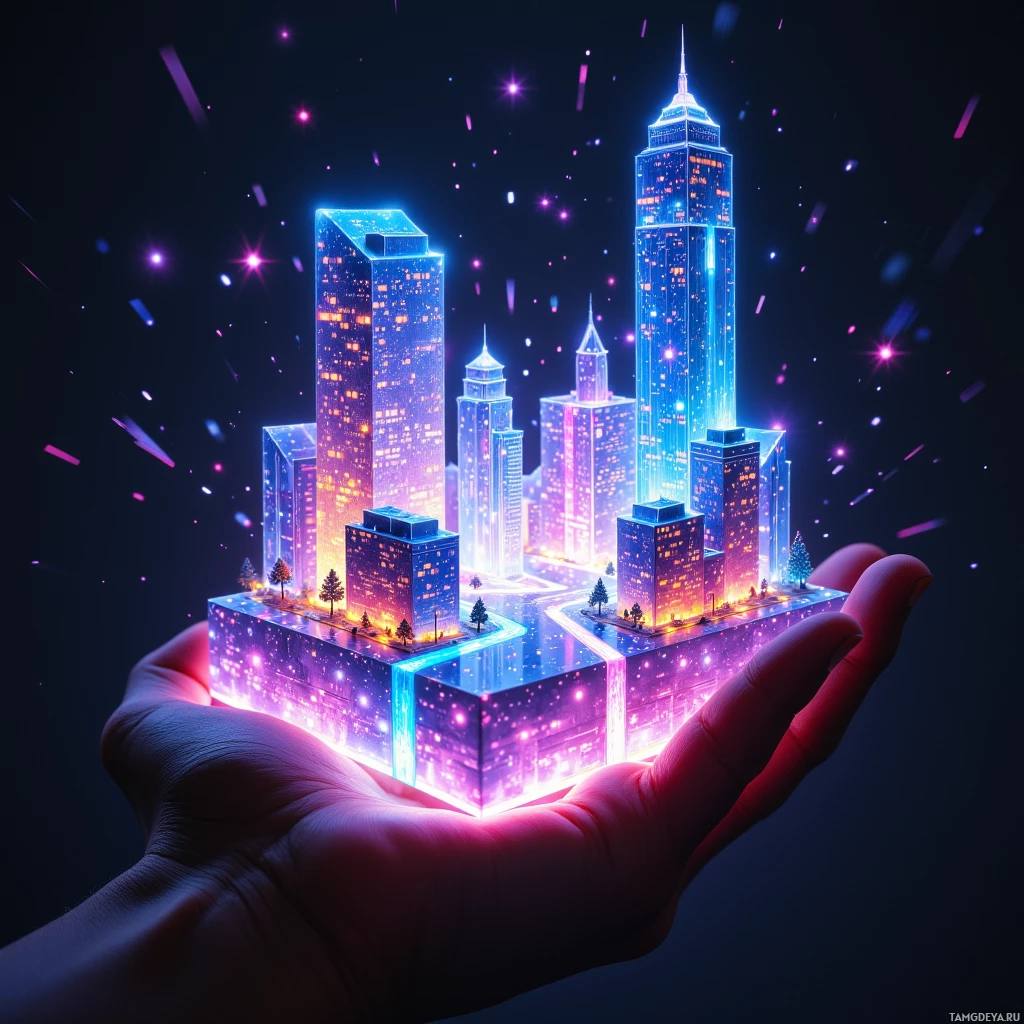 A hand holds a glowing miniature cityscape with neon lights and skyscrapers.
