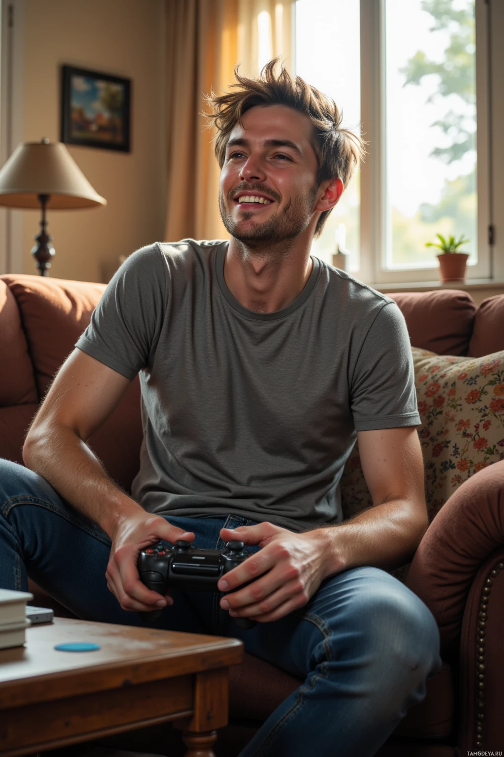 A person is sitting on a couch holding a game controller and smiling.