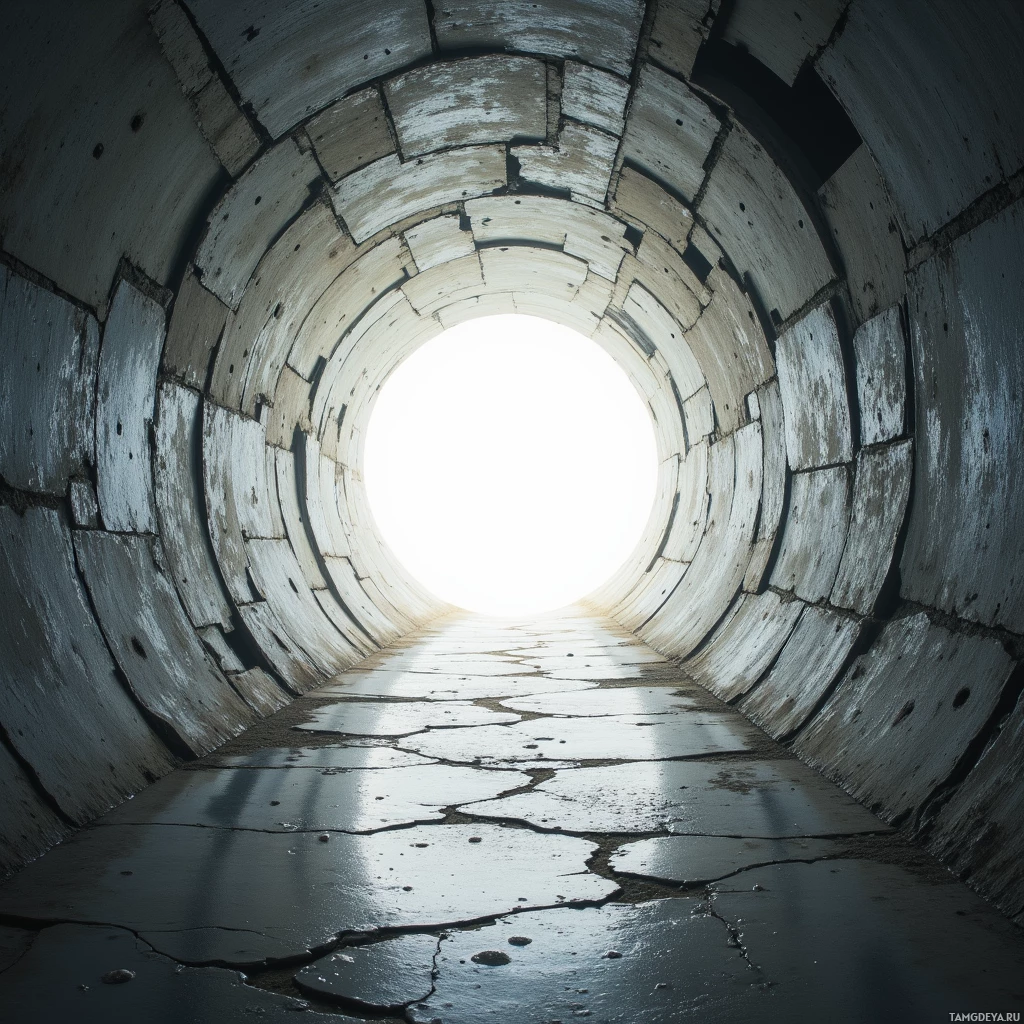 A view down a concrete tunnel with a bright light at the end.