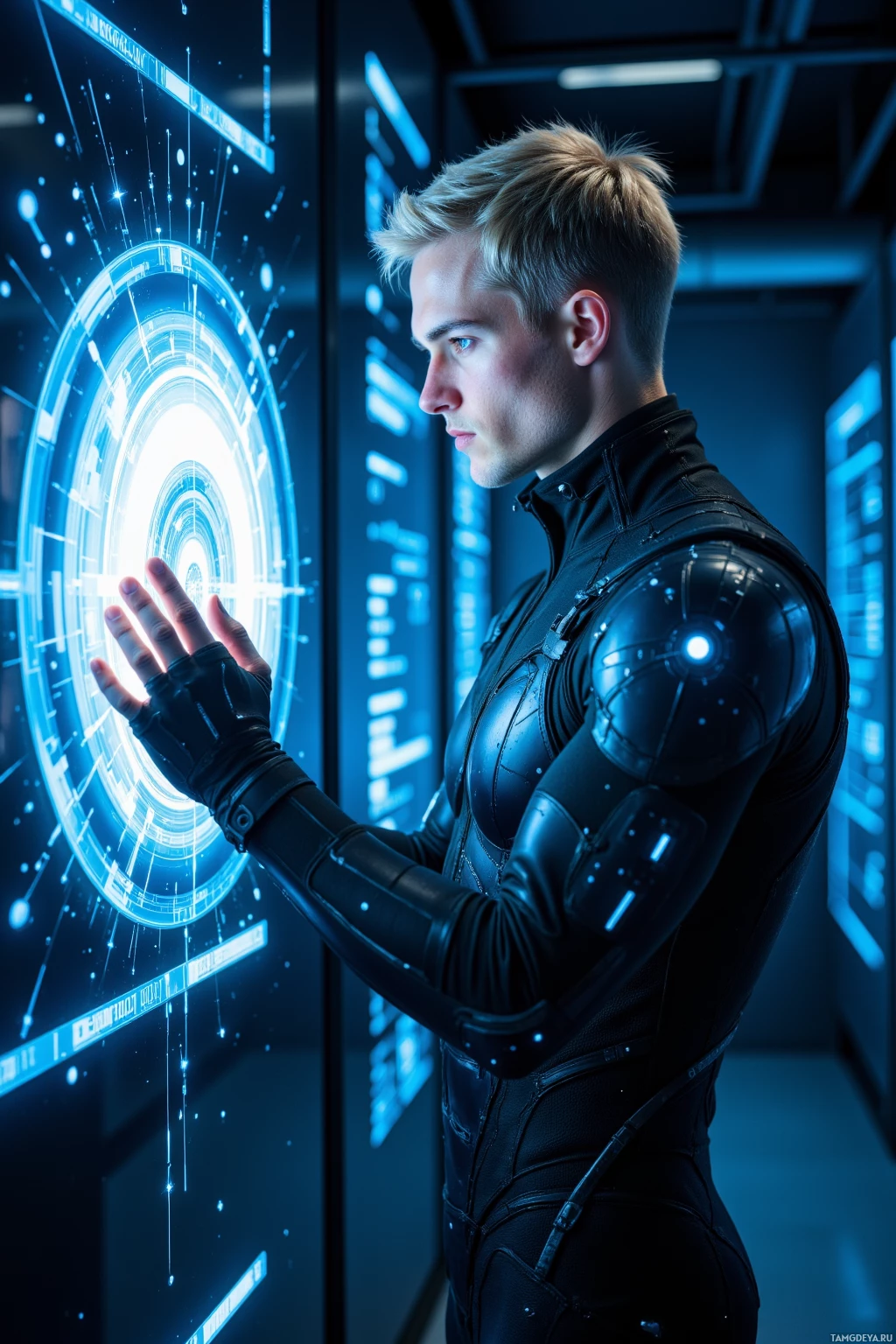 A person in futuristic armor interacts with a glowing circular interface in a high-tech environment.