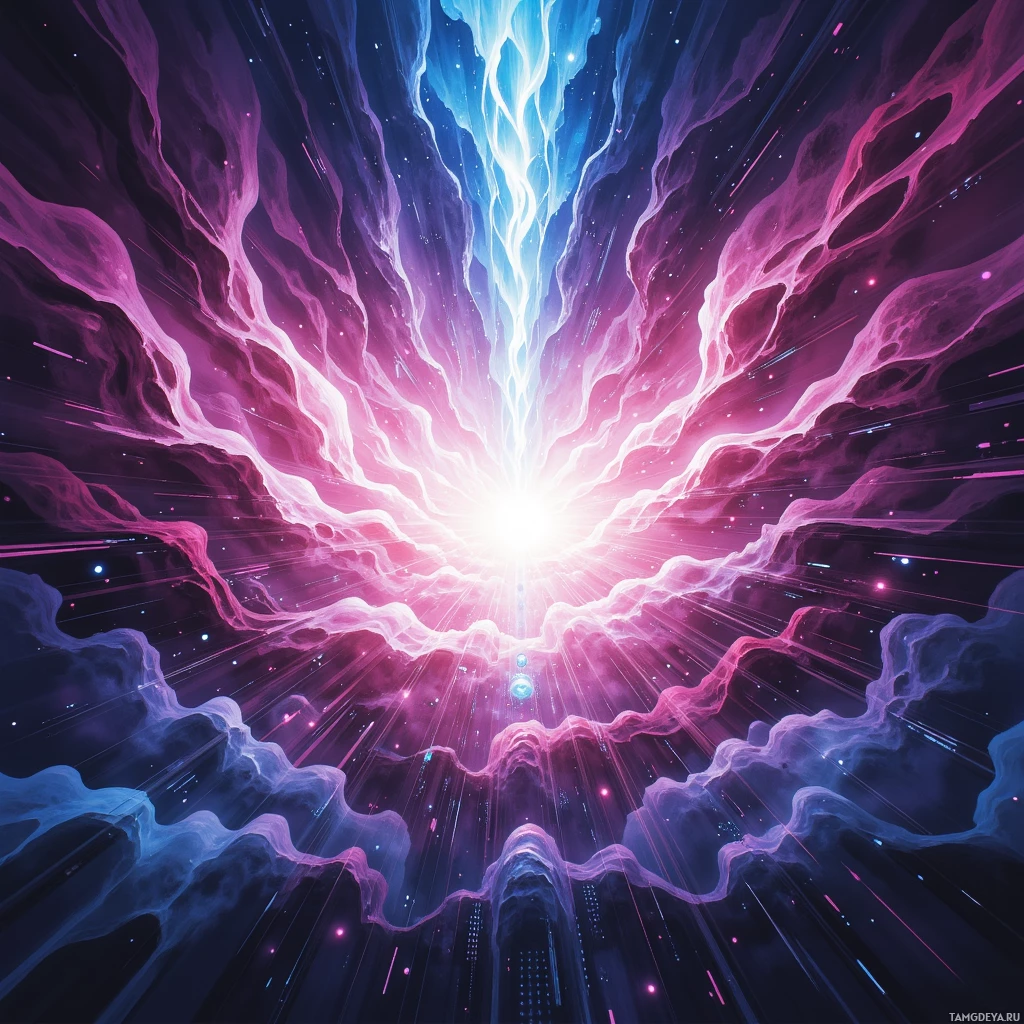 A vibrant cosmic scene with swirling pink and blue nebulae radiating light from a central bright starburst.