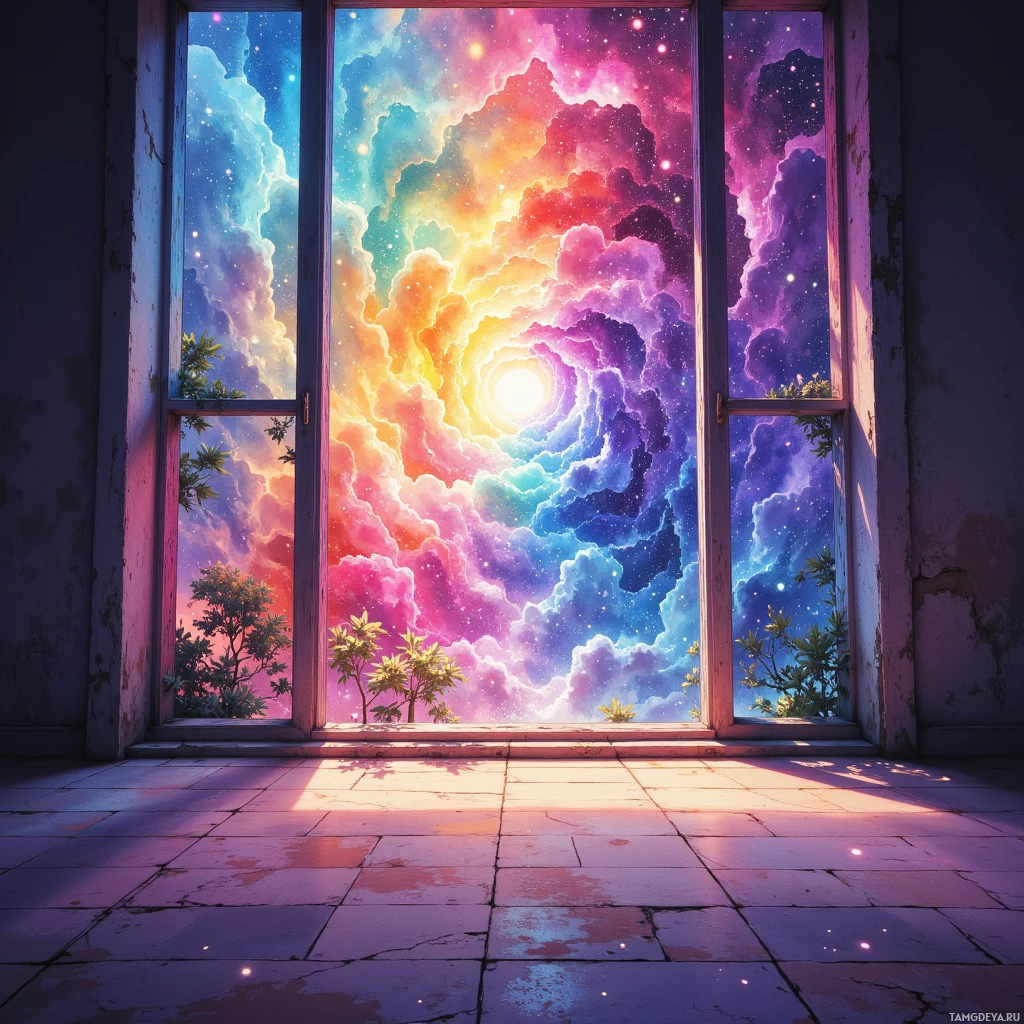 A vibrant, cosmic scene viewed through an open window with colorful clouds and stars.