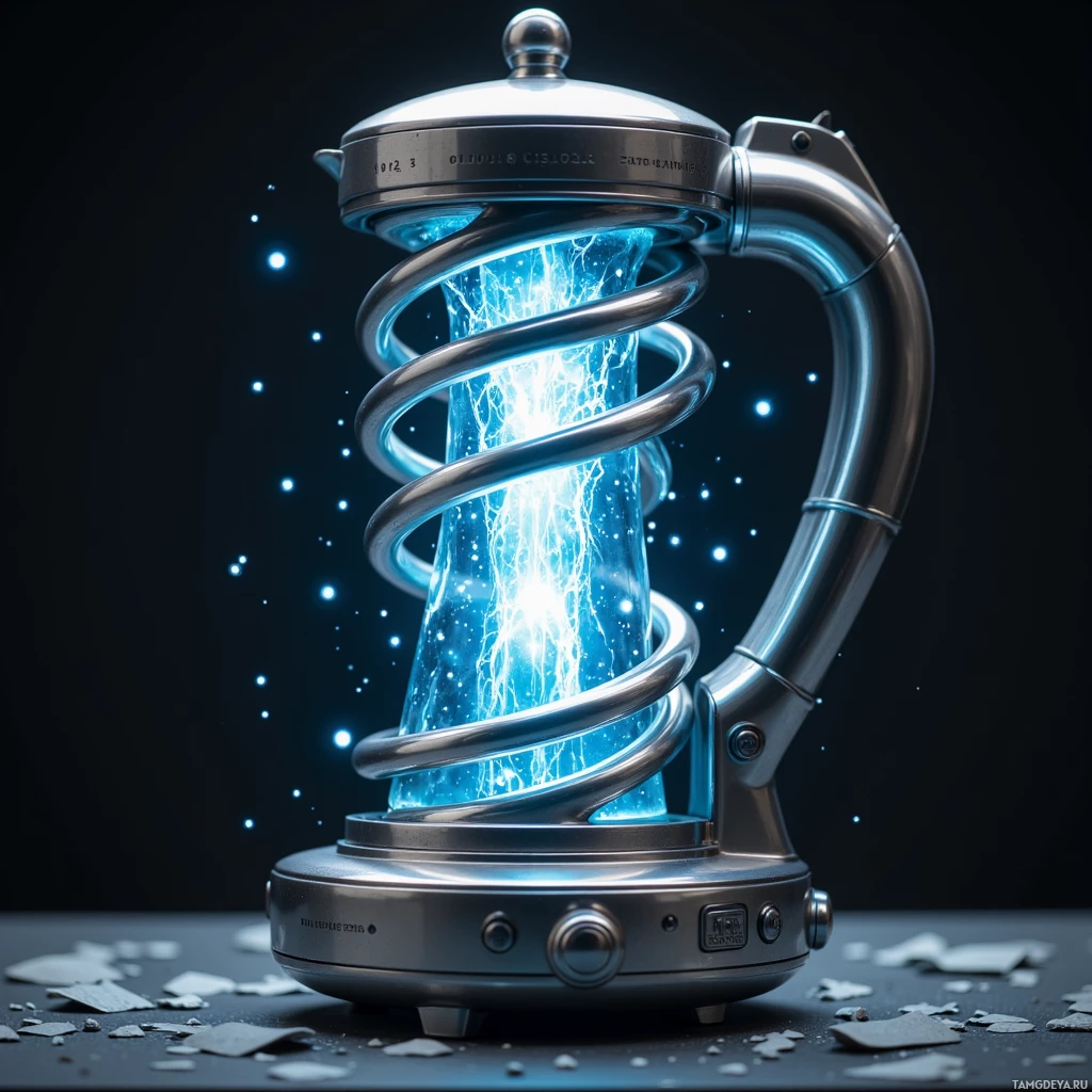 A metallic device with a swirling blue energy core and scattered debris on the ground.