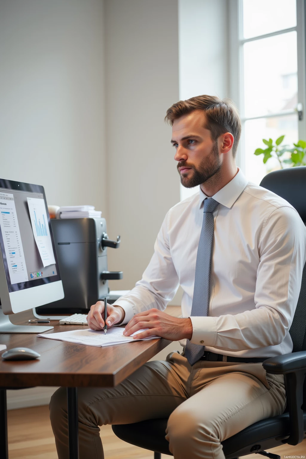 A man in a white shirt and tie is sitting at a desk, writing on a document.