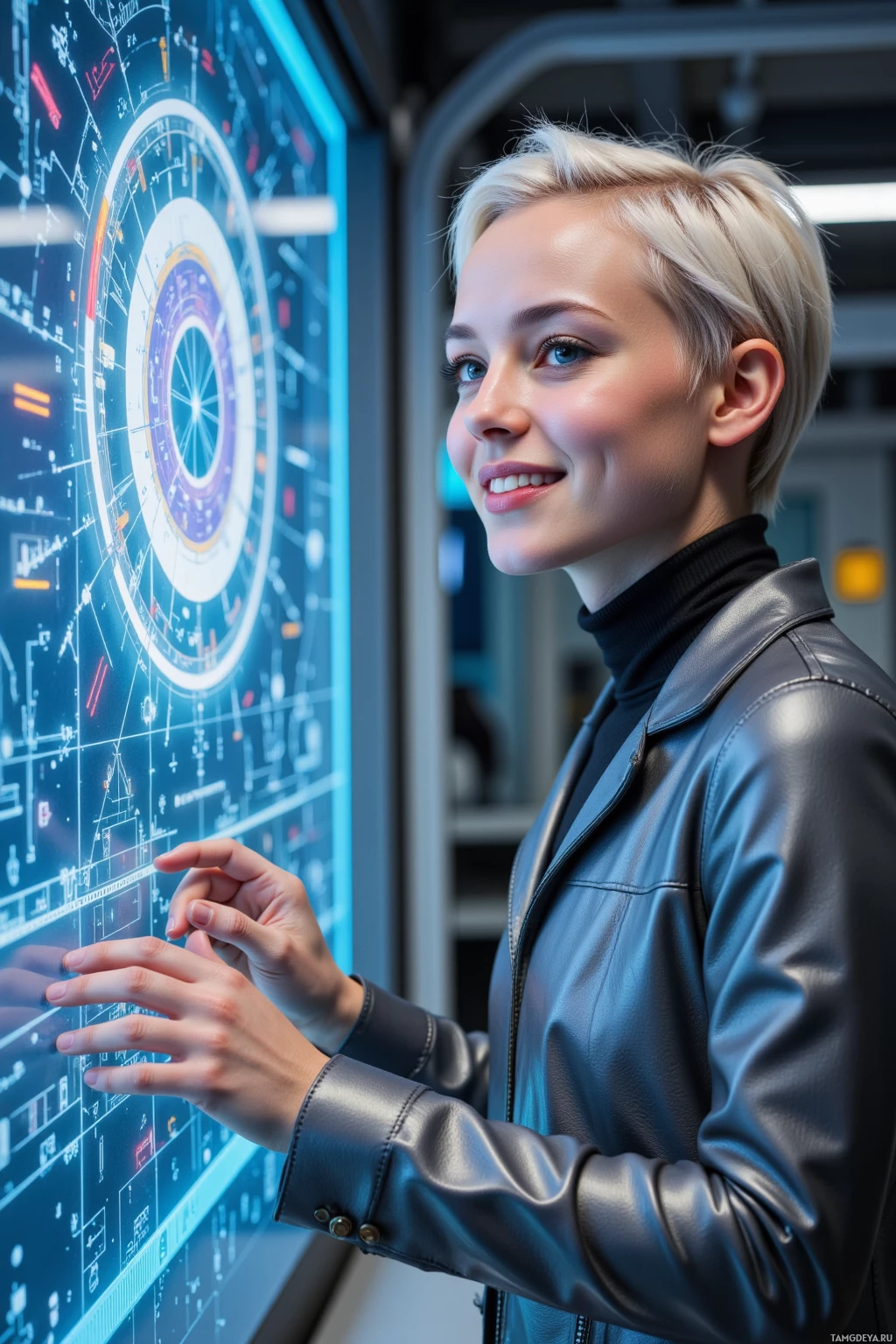 A person in a leather jacket interacts with a large digital display featuring a circular interface and various data points.