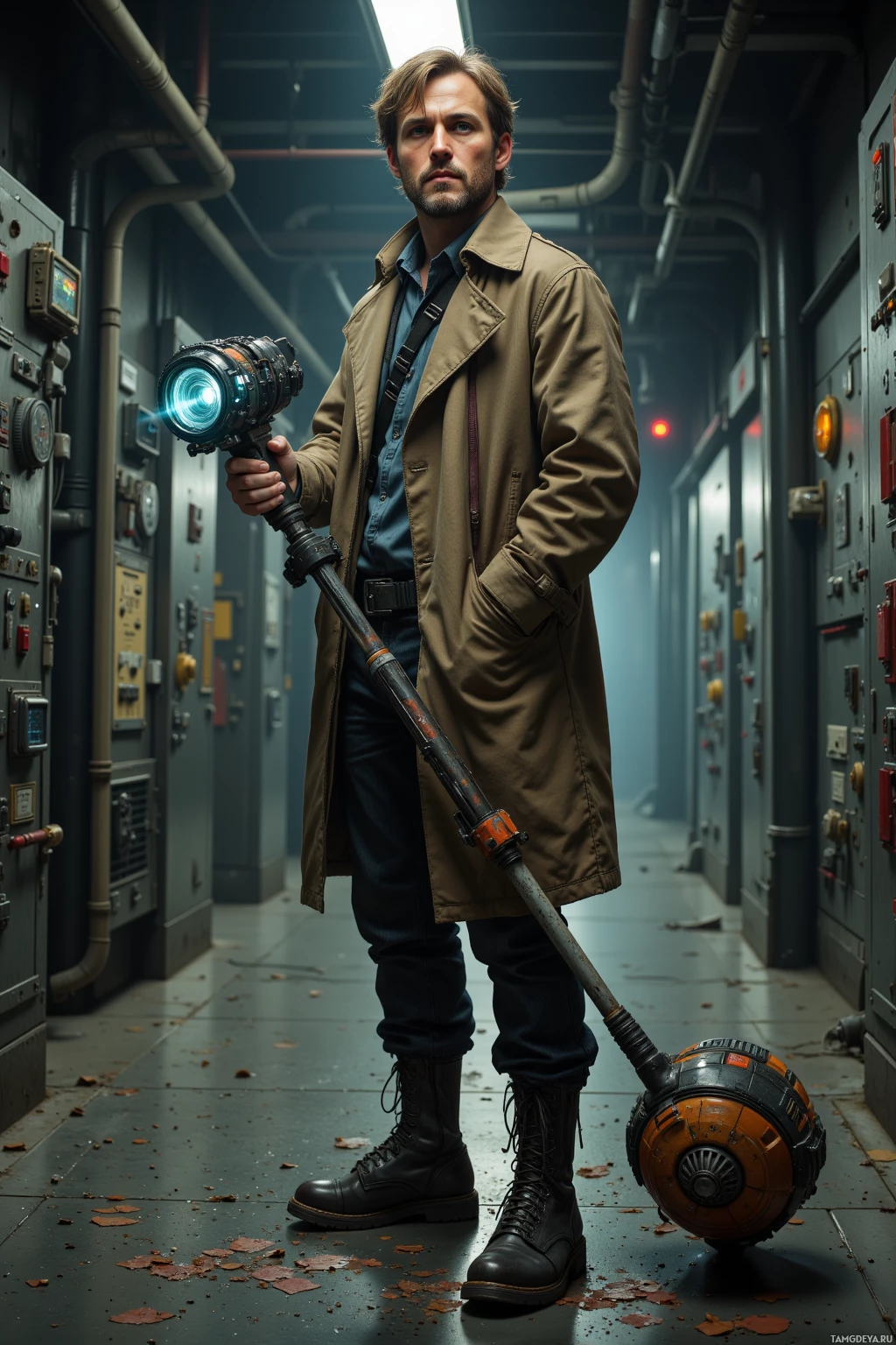 A person stands in a dimly lit industrial corridor, holding a futuristic weapon with a glowing blue tip.