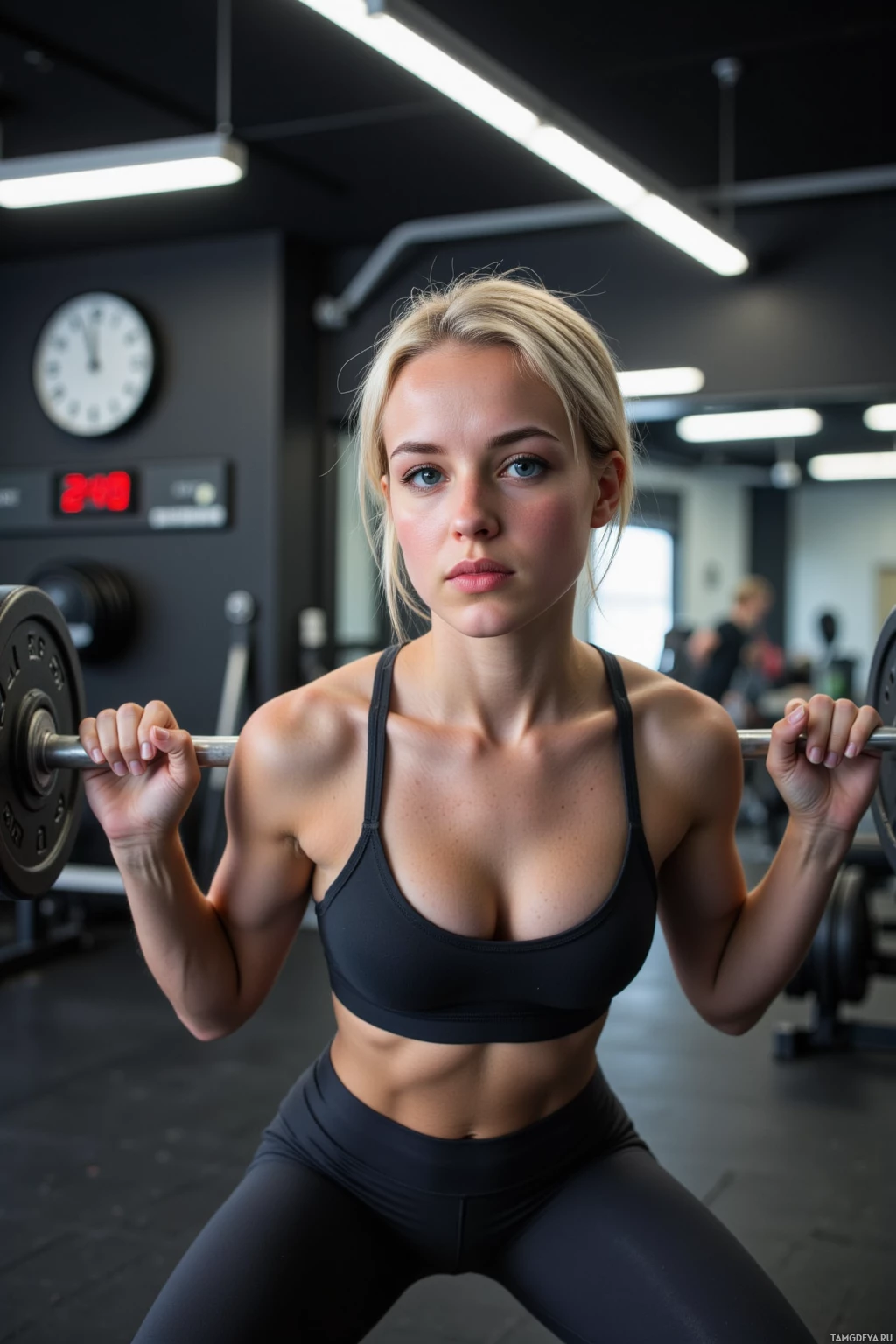 A woman in a gym lifts a barbell.