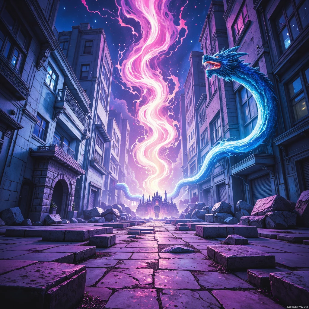 A fantastical scene featuring a glowing blue dragon and a vibrant, colorful sky above a cityscape.