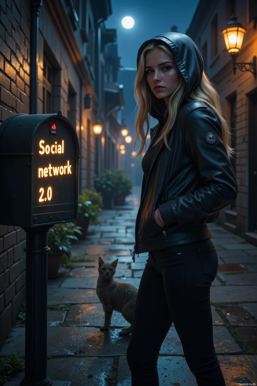 A person in a hooded jacket stands on a street at night near a mailbox labeled "Social network 2.0," with a cat nearby.