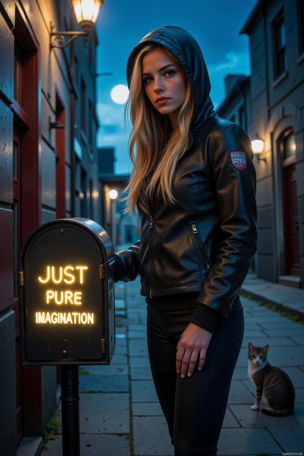 A person in a hoodie stands beside a mailbox with the words "JUST PURE IMAGINATION" illuminated inside, with a cat sitting nearby.