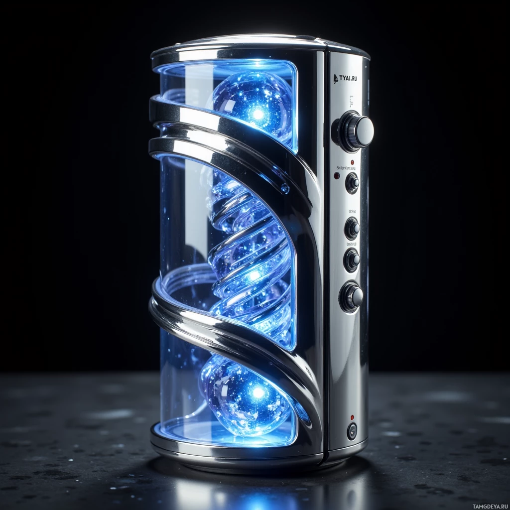 A futuristic device with glowing blue lights and metallic accents is displayed against a dark background.